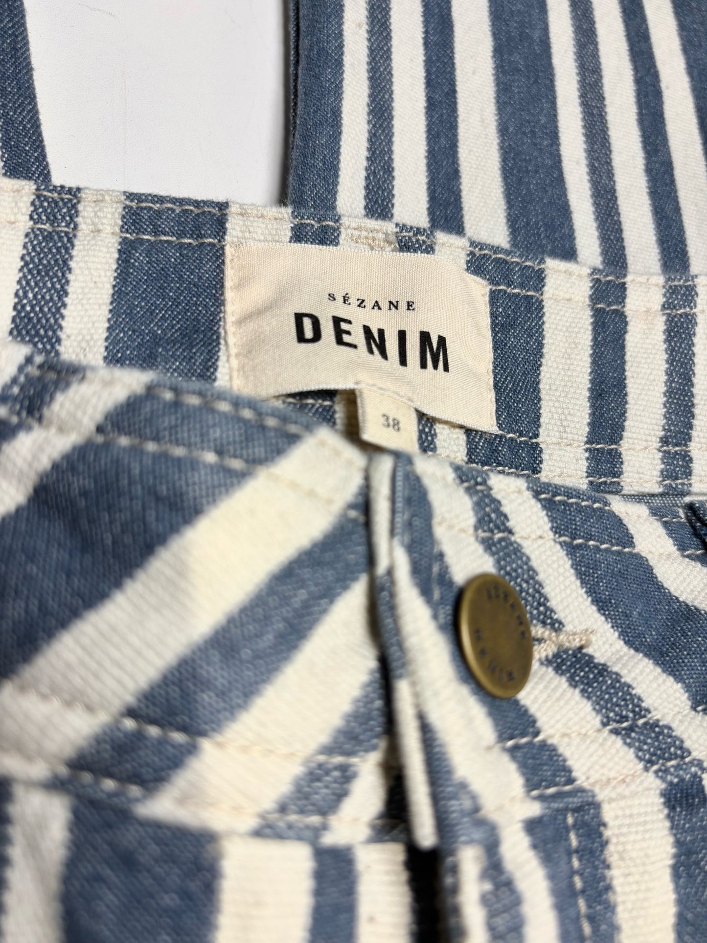 Women Size 38 Sézane Blue & White Vertical Stripe Cotton Blend Pre-Owned Wide-Leg Jeans