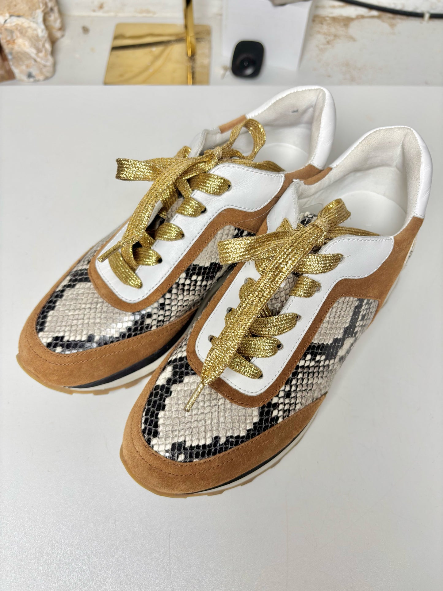 W Shoe Size 6 Veronica Beard Tan, white, black Suede Snake Skin Sneakers