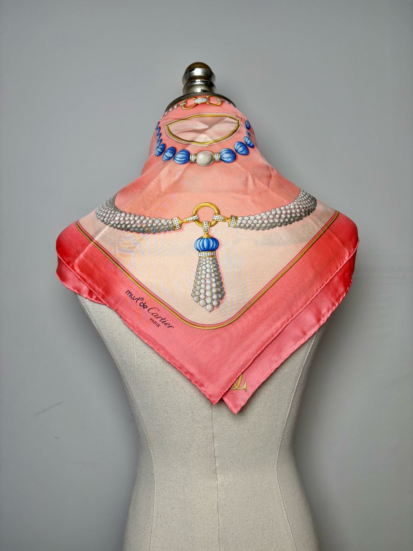 Cartier Pearls & Jewelry 100% Silk Vintage Pre-owned Pink, blue, gold Scarf