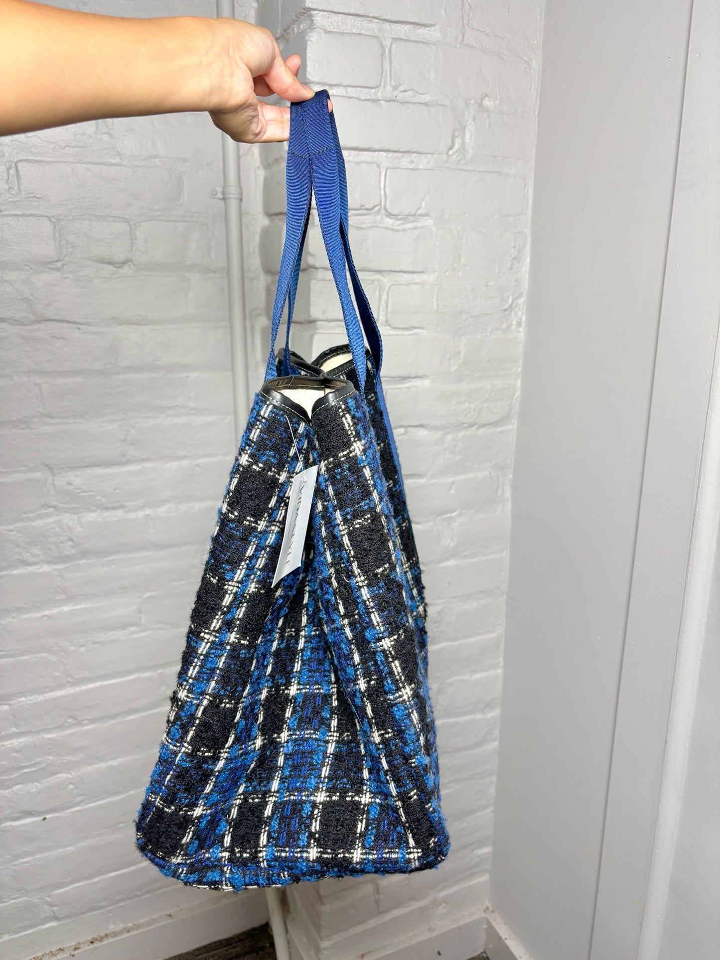 Rue de Verneuil Plaid Wool Pre-owned Blue, Black, Cream Purse