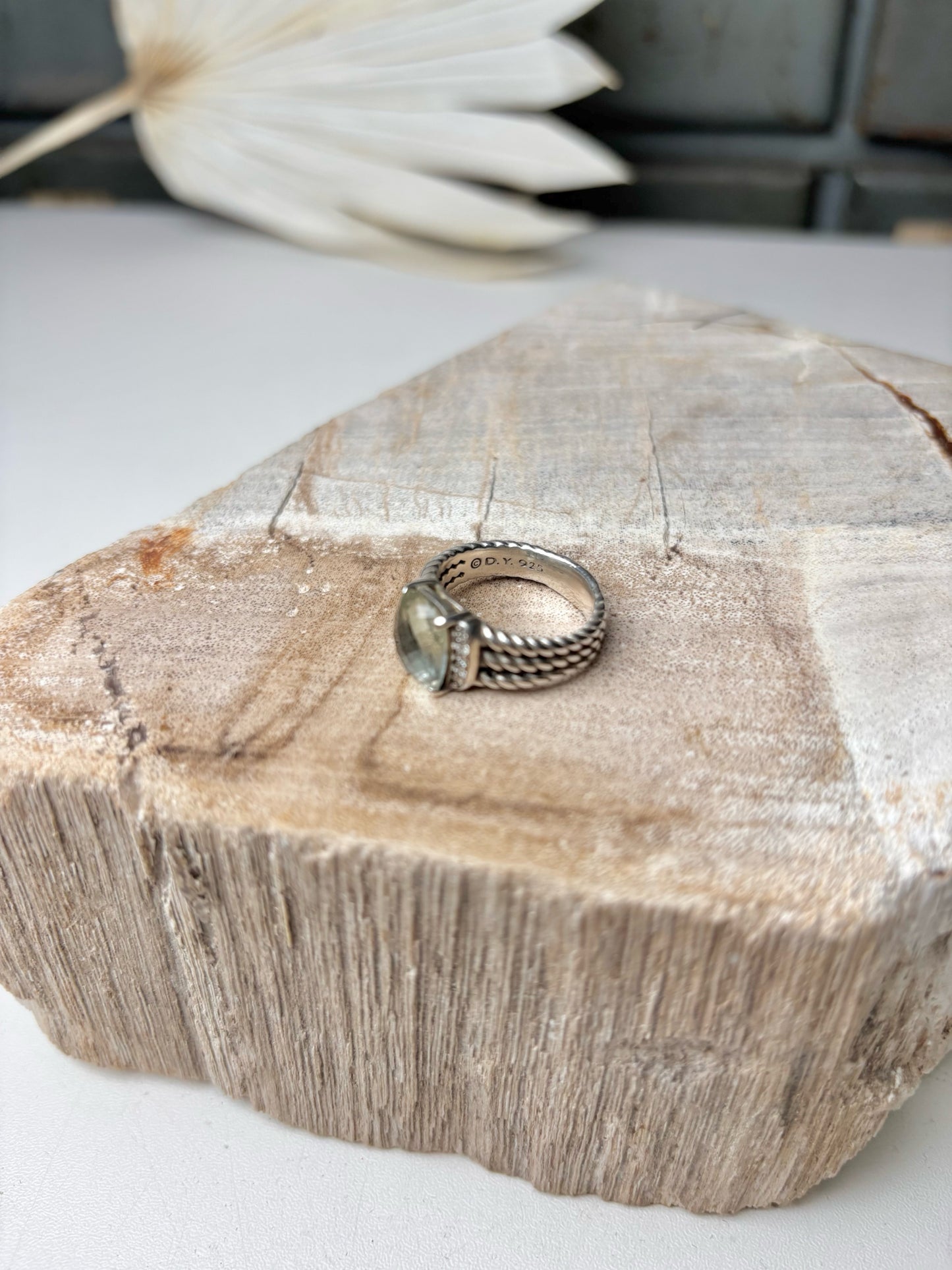 David Yurman Petite Wheaton Prasiolote, Pave' Diamonds Sz 6 Ring