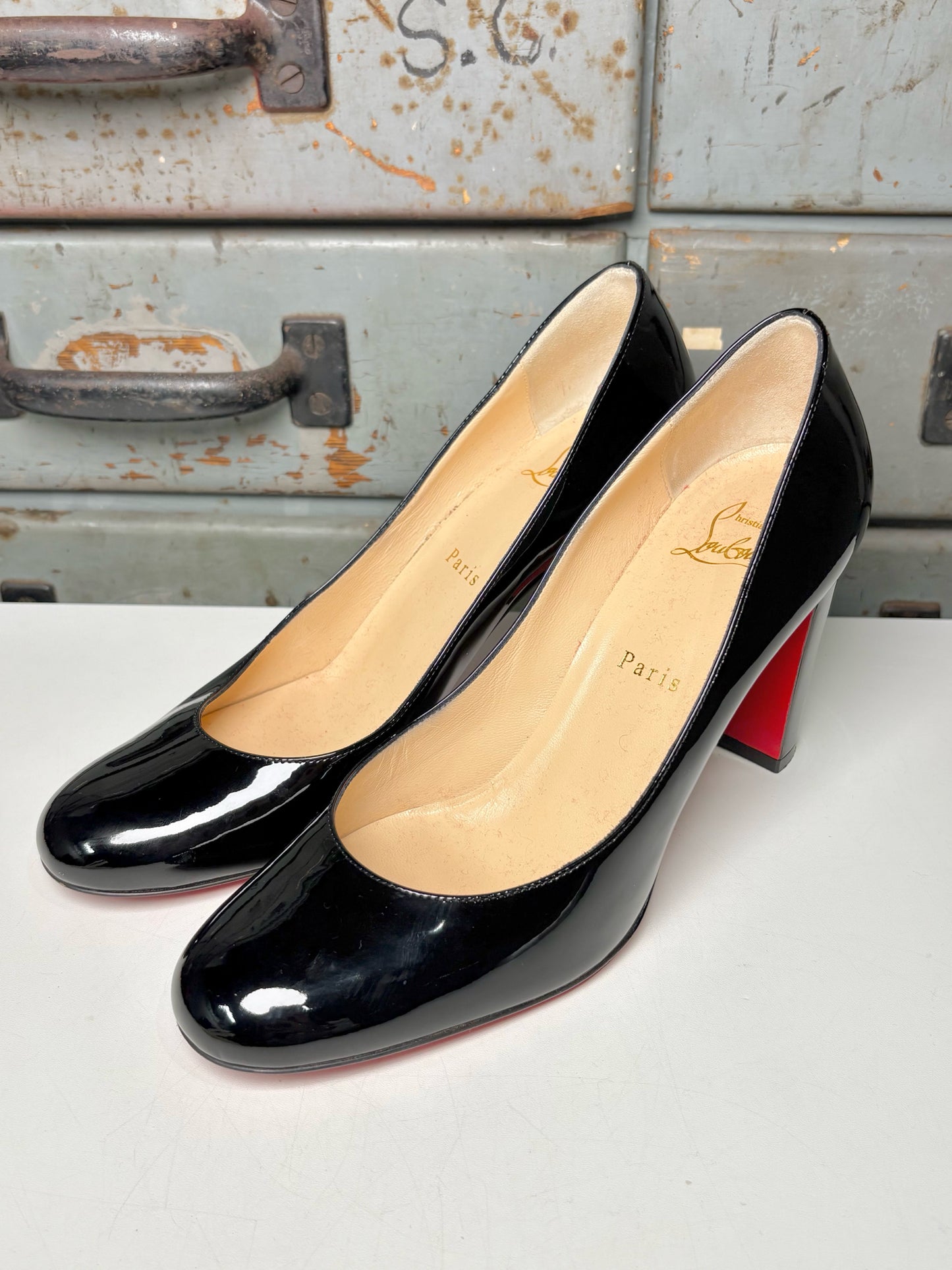 W Shoe Size 38 Christian Louboutin Black Leather Patent Heels