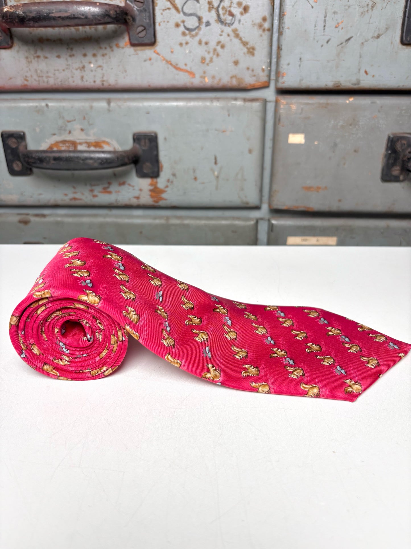 Hermes Red 100% Silk Squirrels Men's Tie