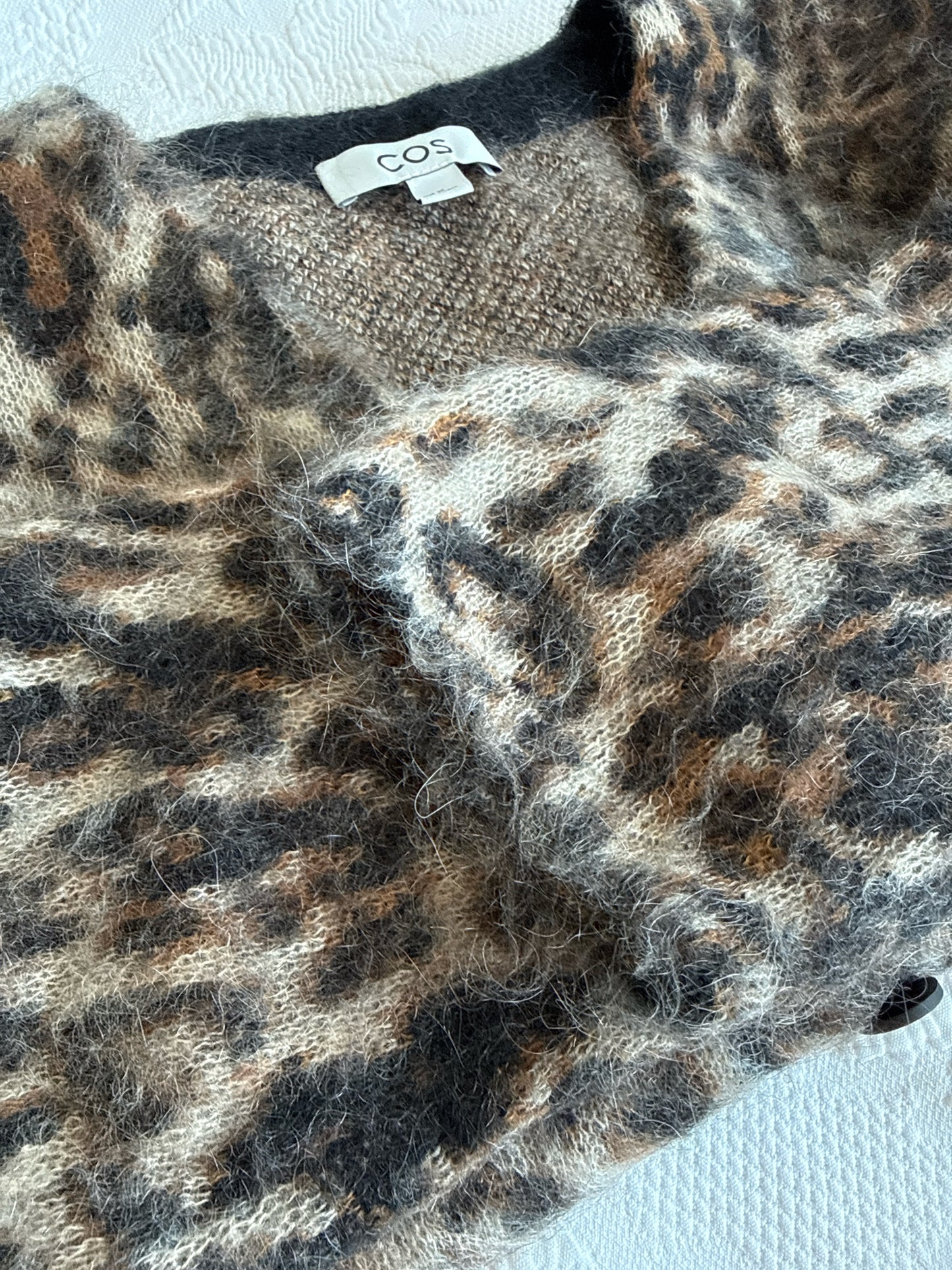 Women Size M COS Multicolor Leopard Spots Mohair Wool Blend Cardi Sweater