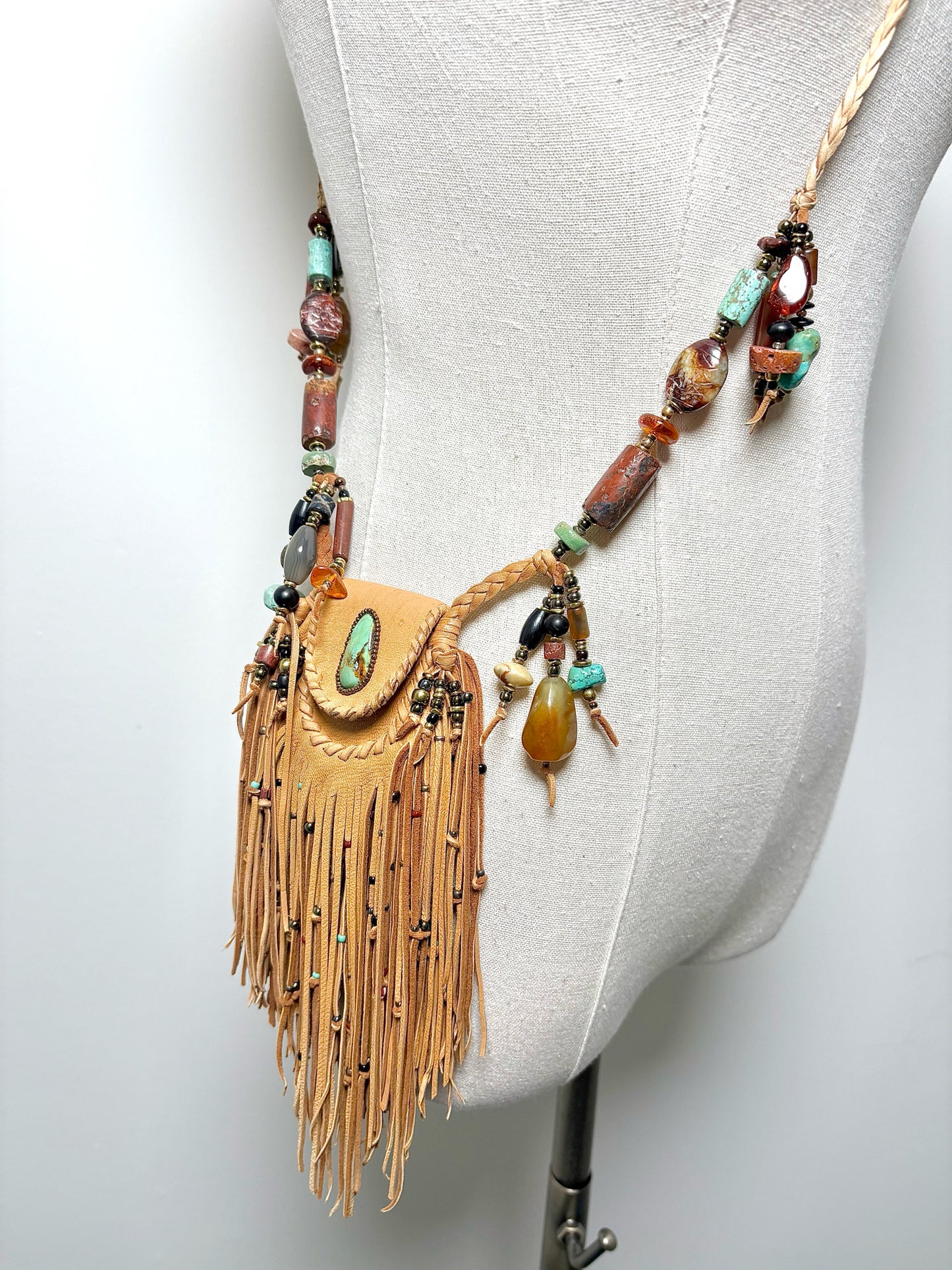 No Label Native American Leather, Camel Fringe, Turquoise, Jasper Purse