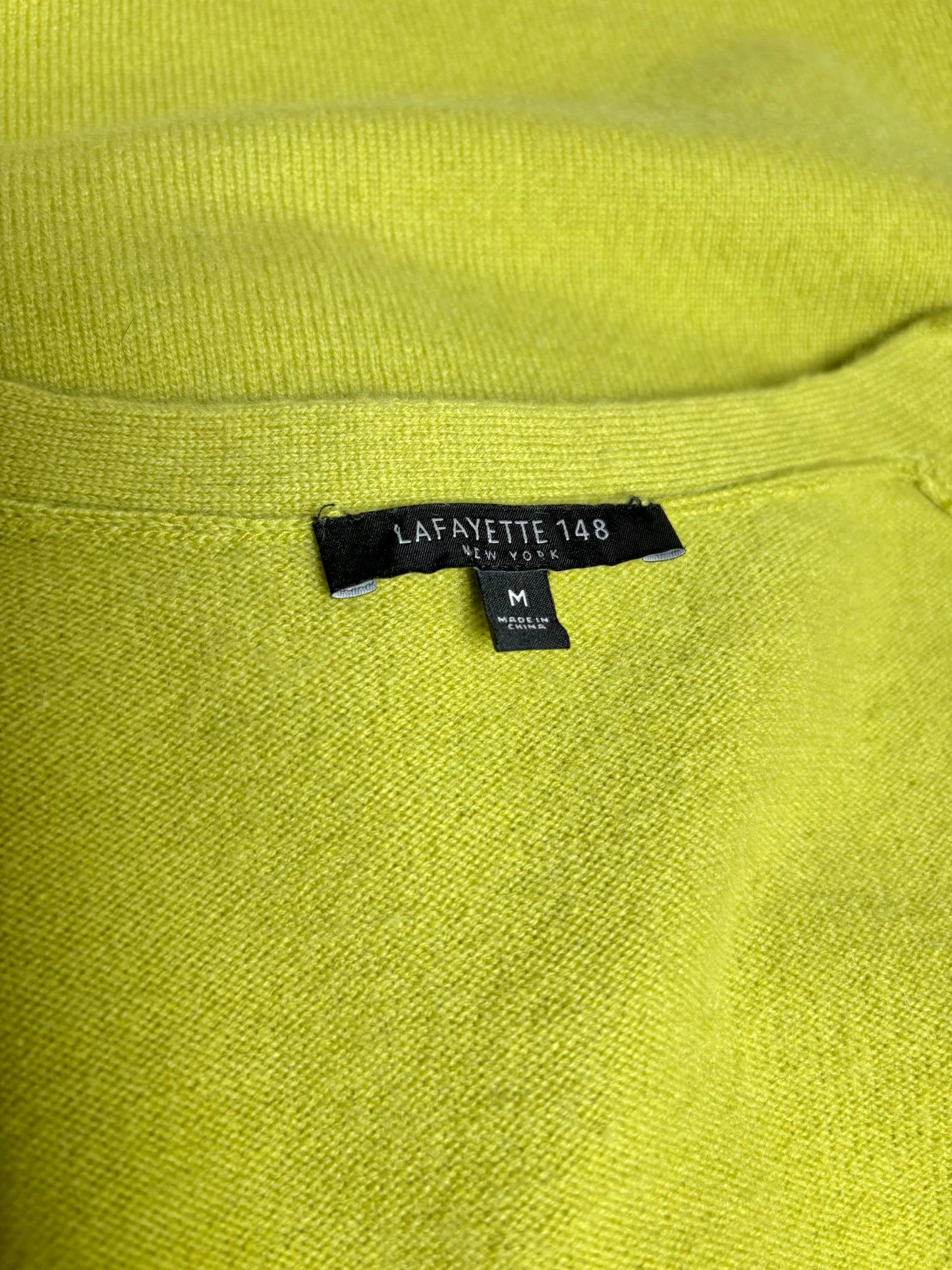 Women Size M Lafayette 148 Lime Green Striped Pure Cashmere Pre-Owned Cardigan