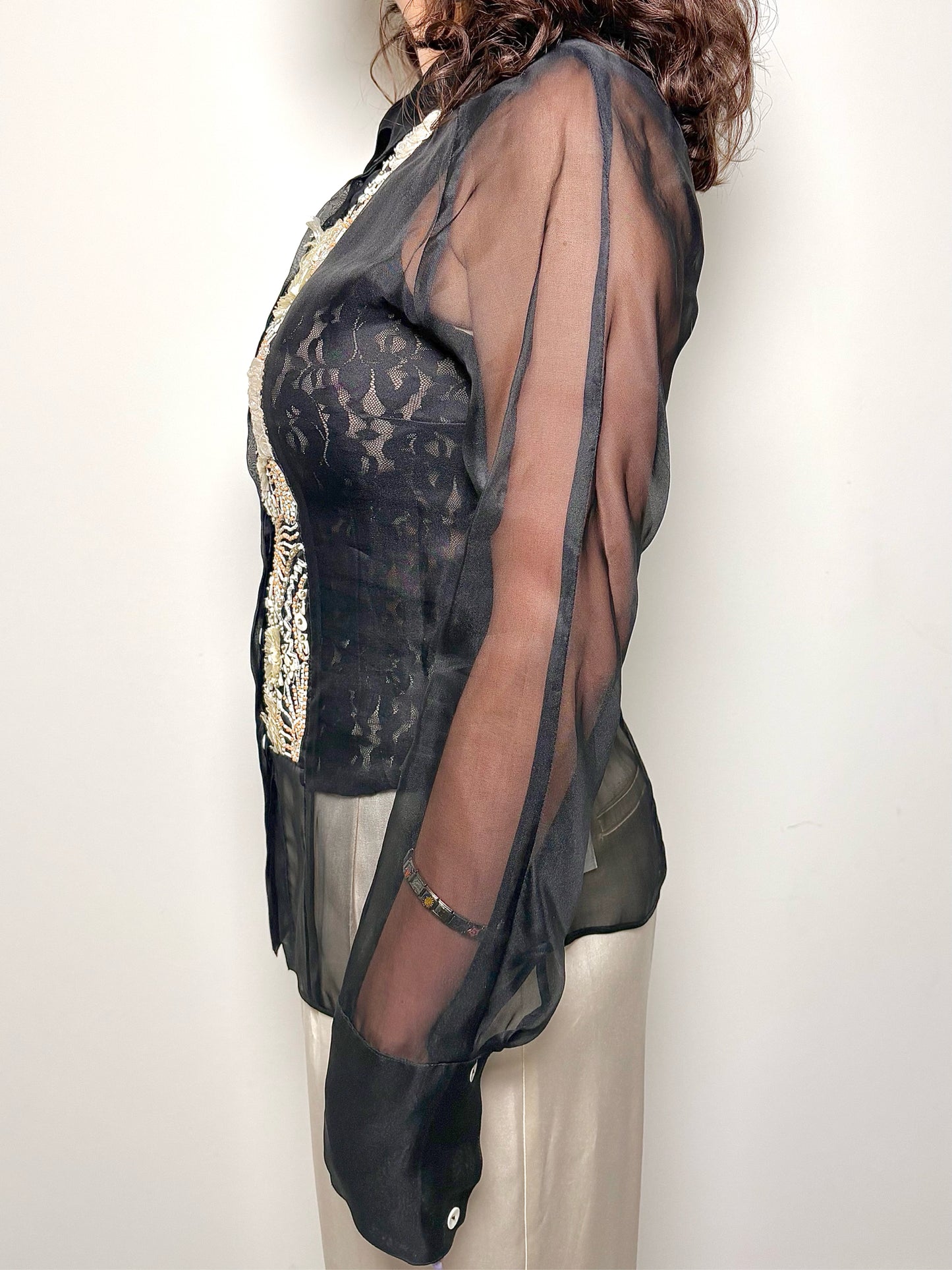 Women Size M Dennis Basso Black Seashells Detail, Sheer LS Button-down Blouse