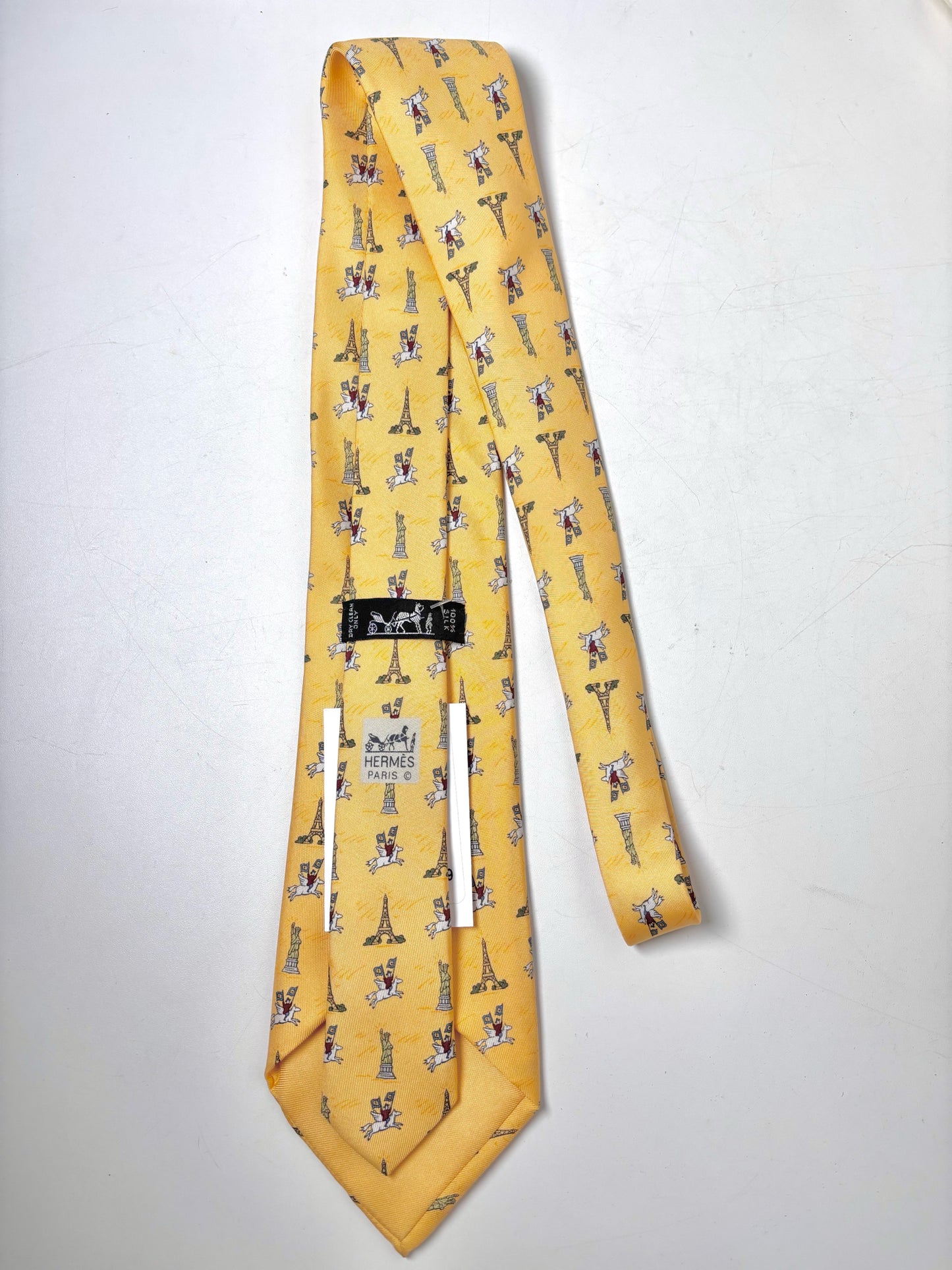 Vintage Hermes Yellow Silk Flying Horse, Eiffel Tower Men's Tie