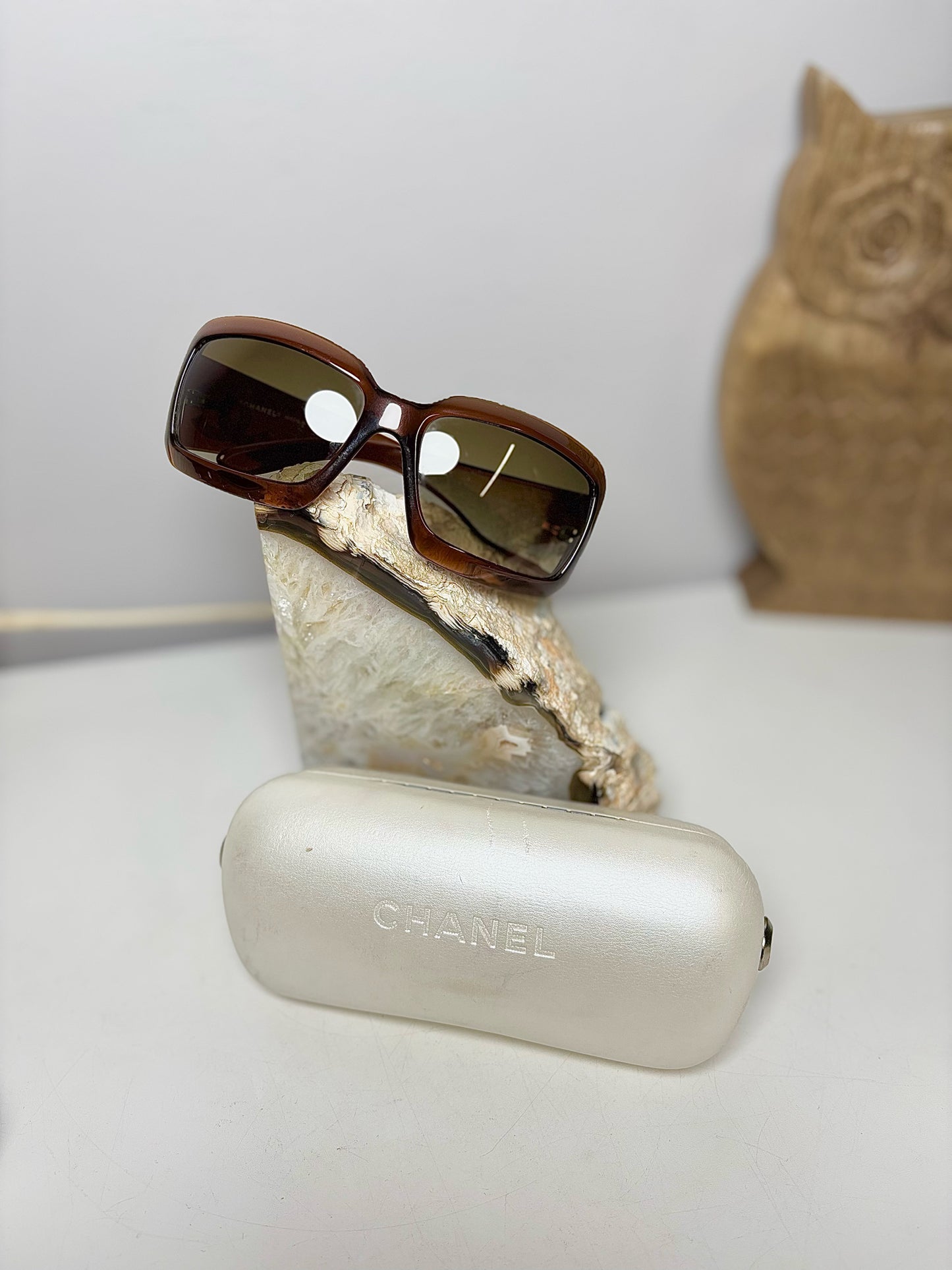 Chanel Brown Mother of Pearl CC Logo Square Frame Sunglasses