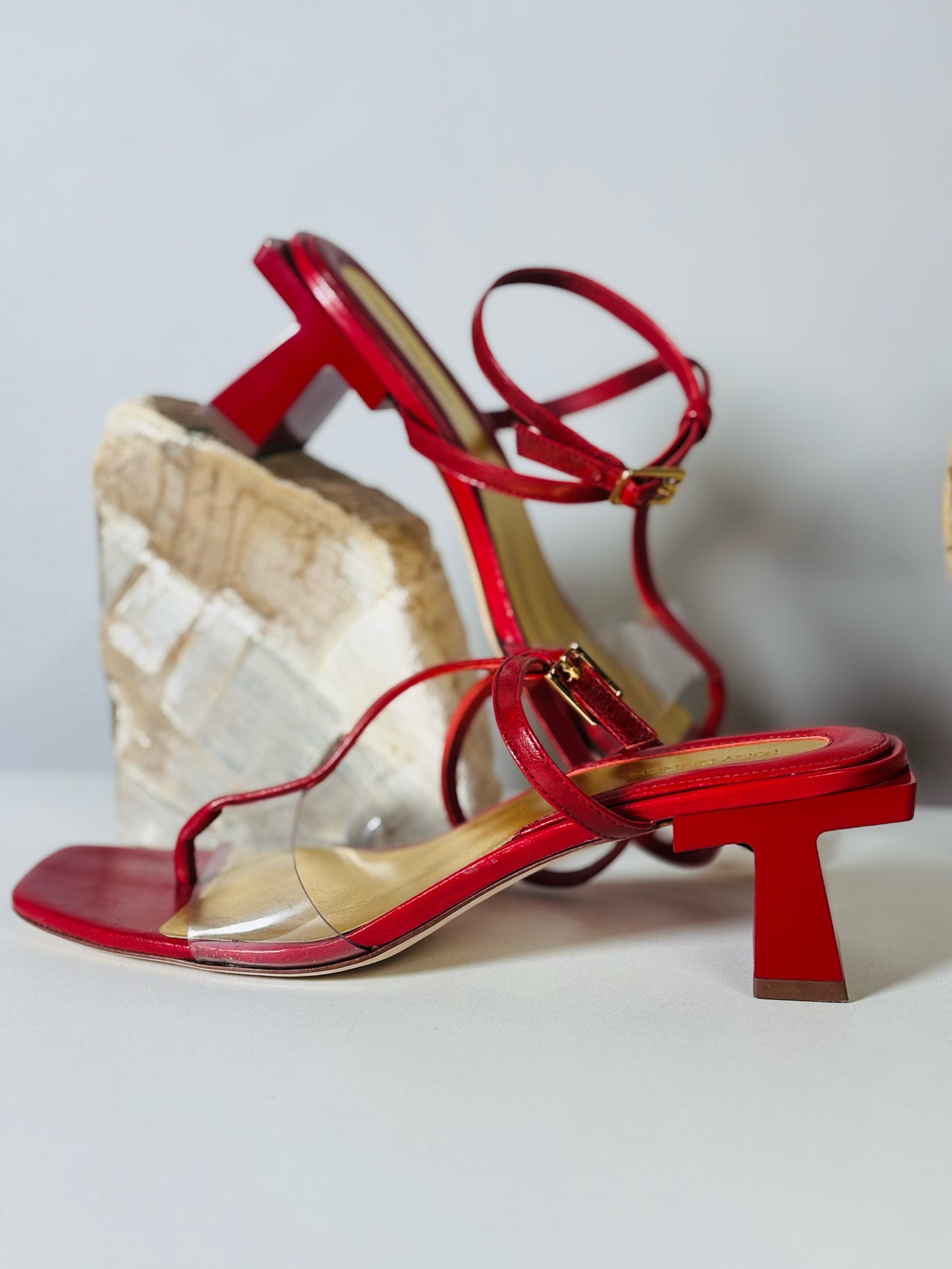 W Shoe Size 9 Tory Burch Red Leather, PVC Cowhide T-Heels Sandals