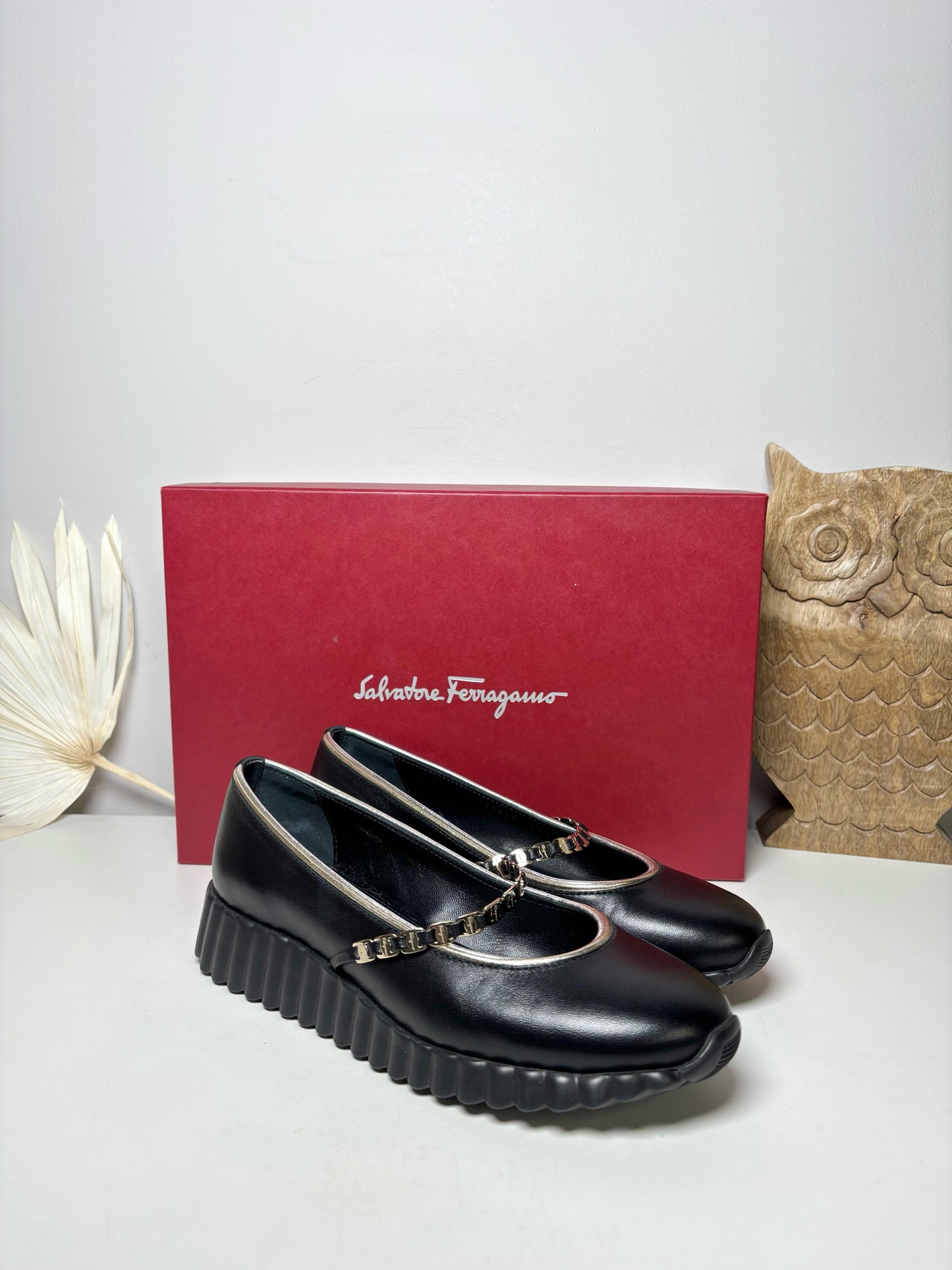 W Shoe Size 6.5 Salvatore Ferragamo Black Leather Mary Jane Slip-ons