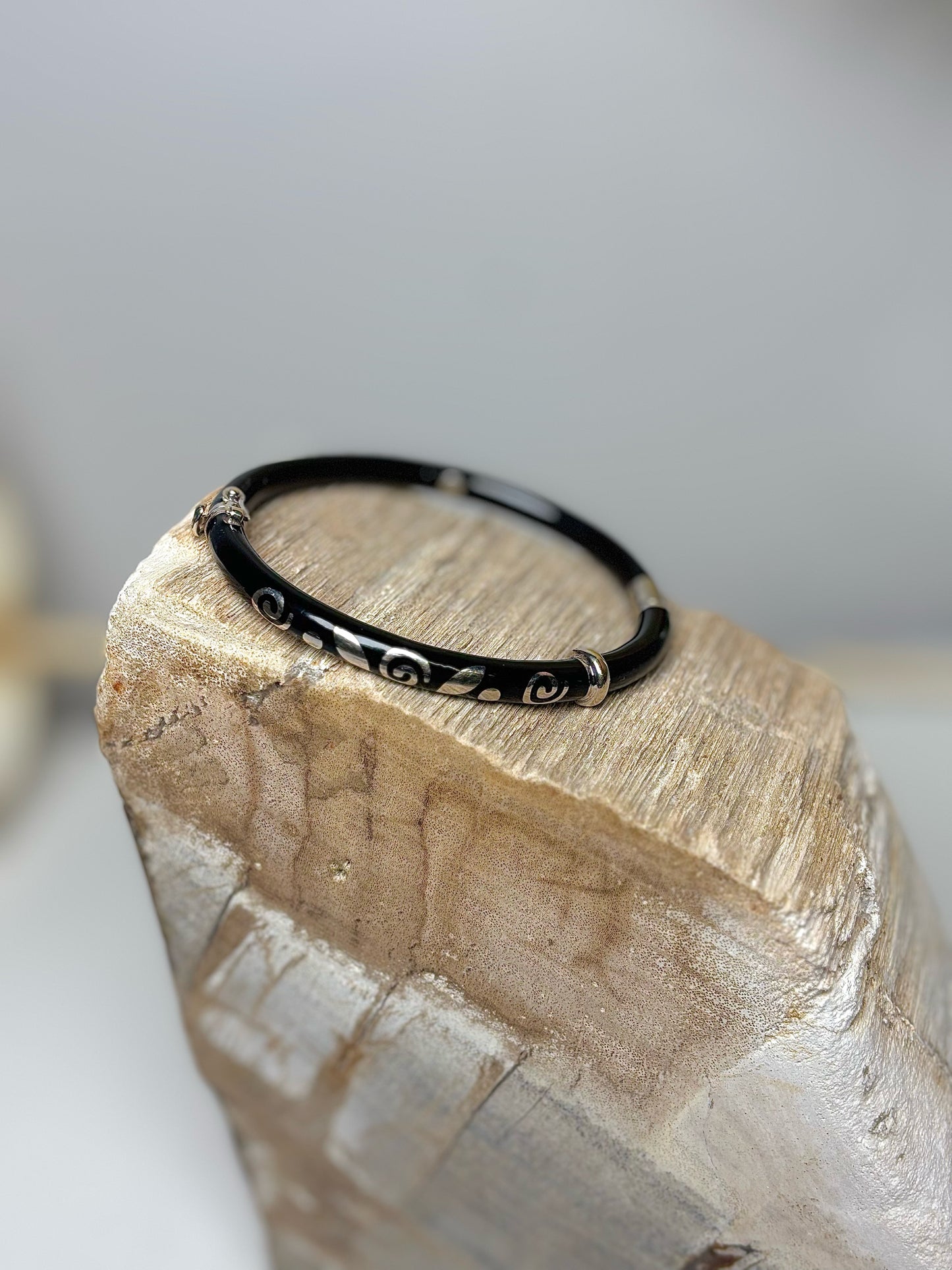Black Enamel 18K Gold Sterling Silver Swirl Hinge Bangle