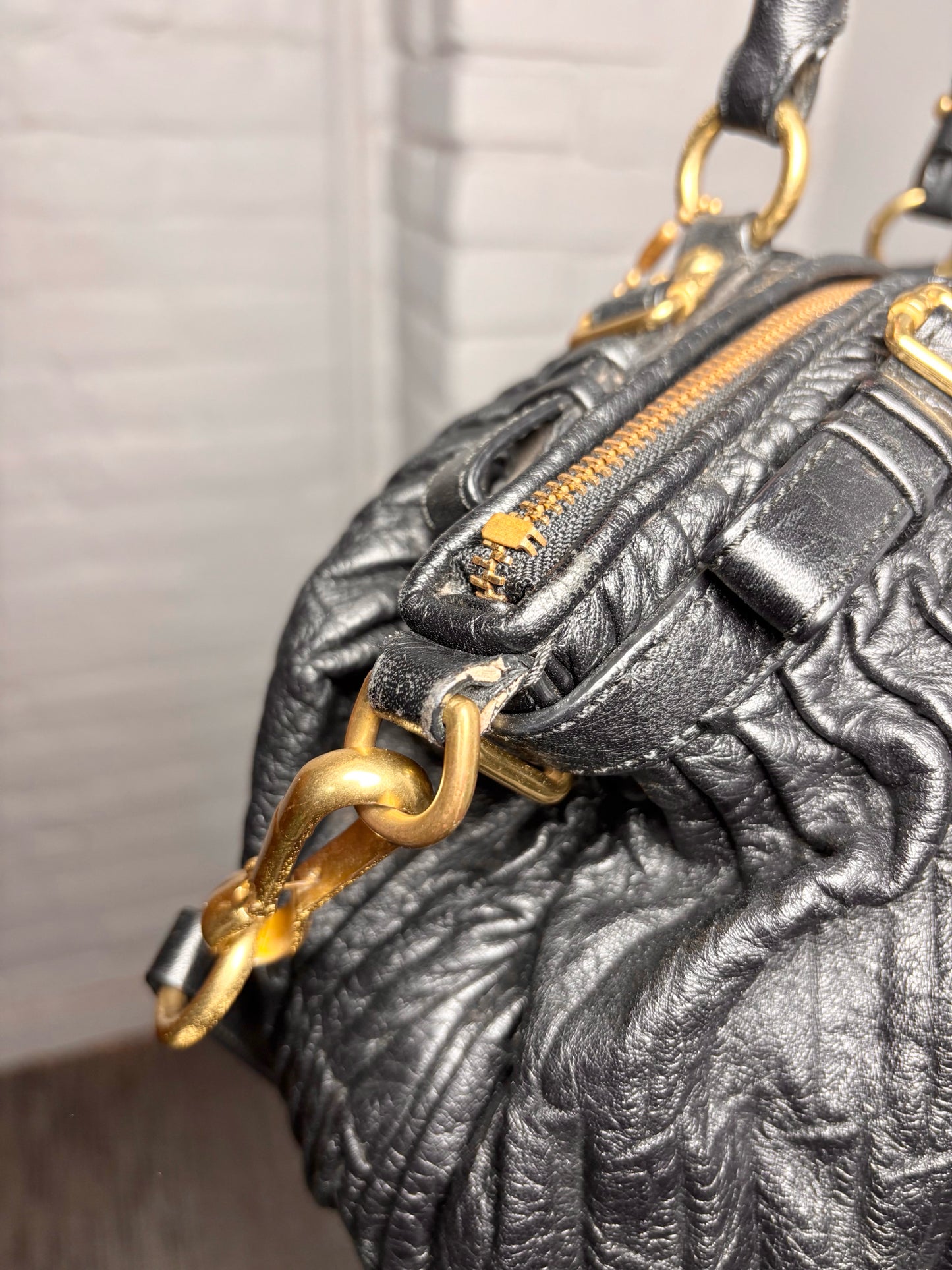 Coach Pleated Vintage Leather Black Handle#18620 Purse