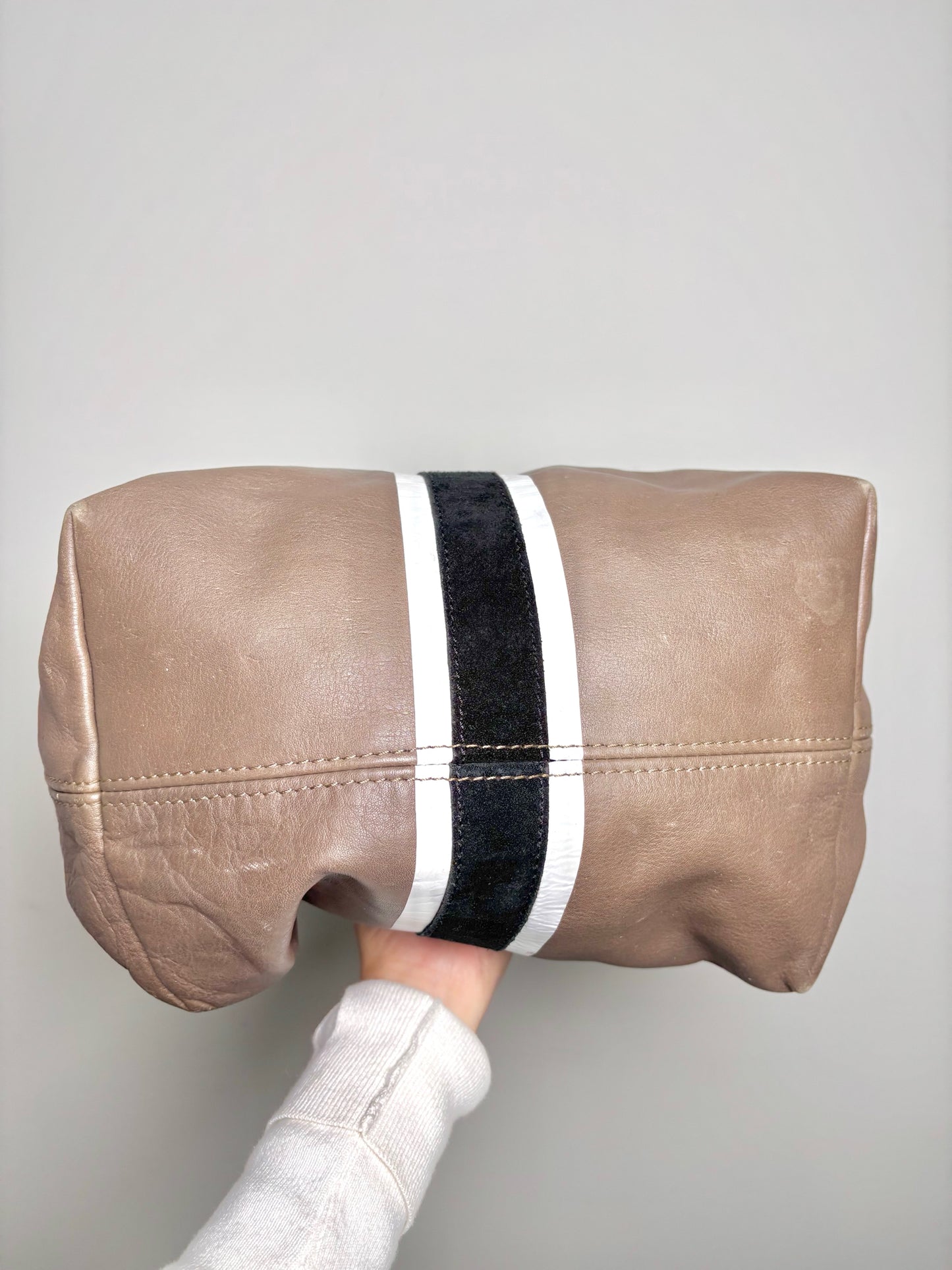 Kempton Solid w/Racer Stripe Leather Taupe Tote Purse