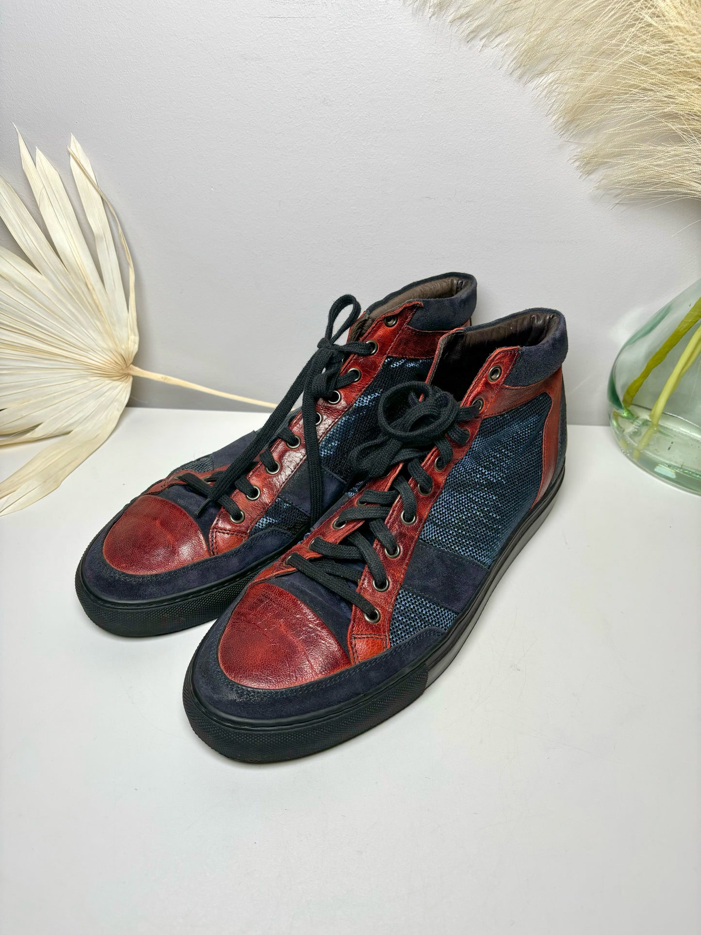Bacco Bucci Red Leather, Blue Nylon Sz 12 Men's Tennis Shoes