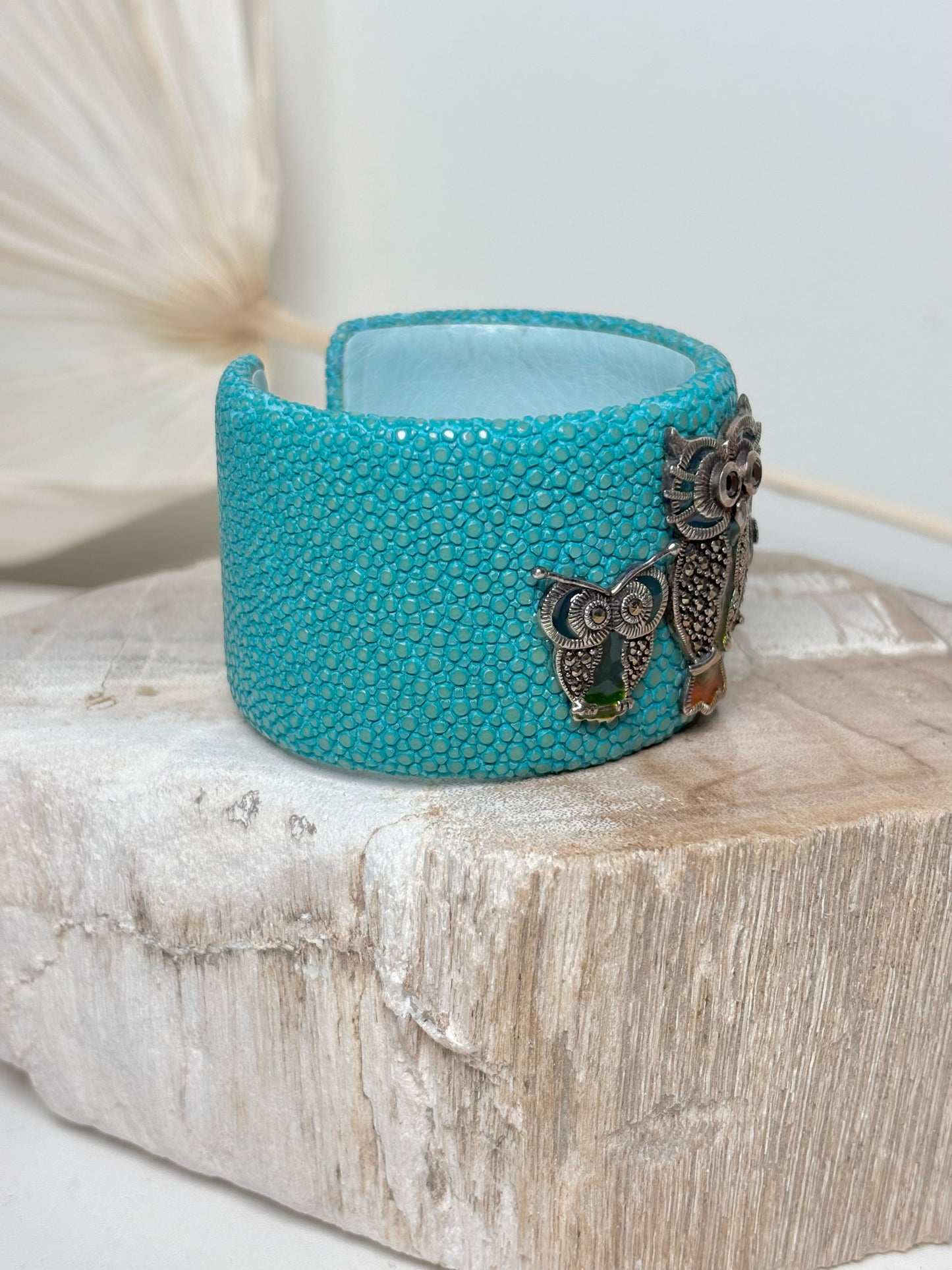 Stingray Leather 3 Owls Marcasite Cuff Bracelet