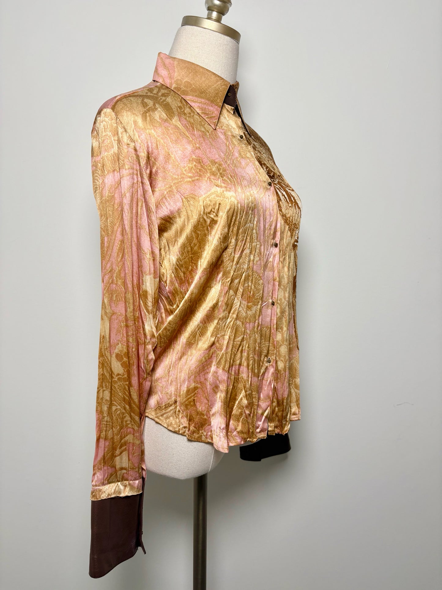 Women Size L Roberto Cavalli Brown, Tan, Pink Floral Print Silk Blouse