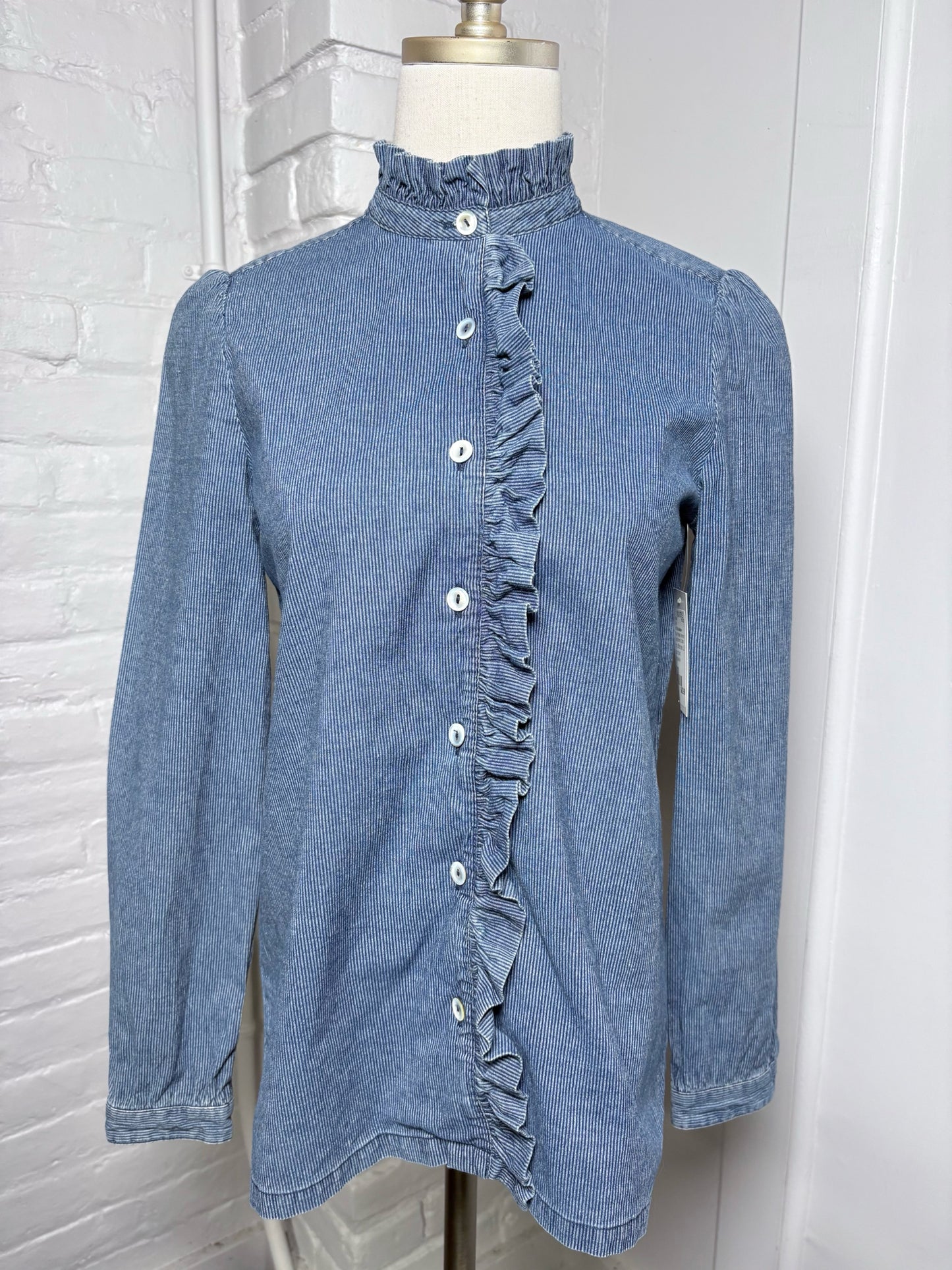 Women Size 34 (2) A.P.C Rue Madame Blue Pinstripe Cotton Ruffle Trim Shirt