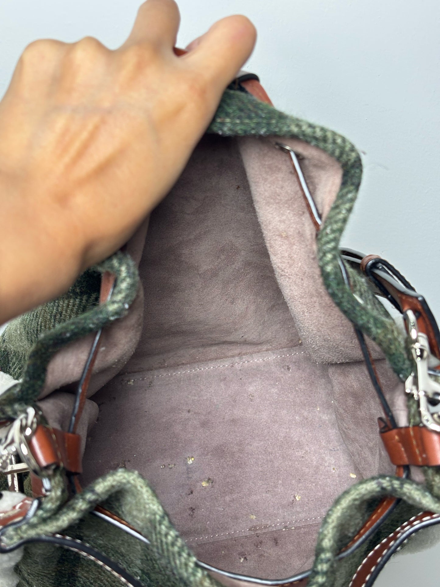 JW Anderson Plaid Wool Green Leather Bucket Purse