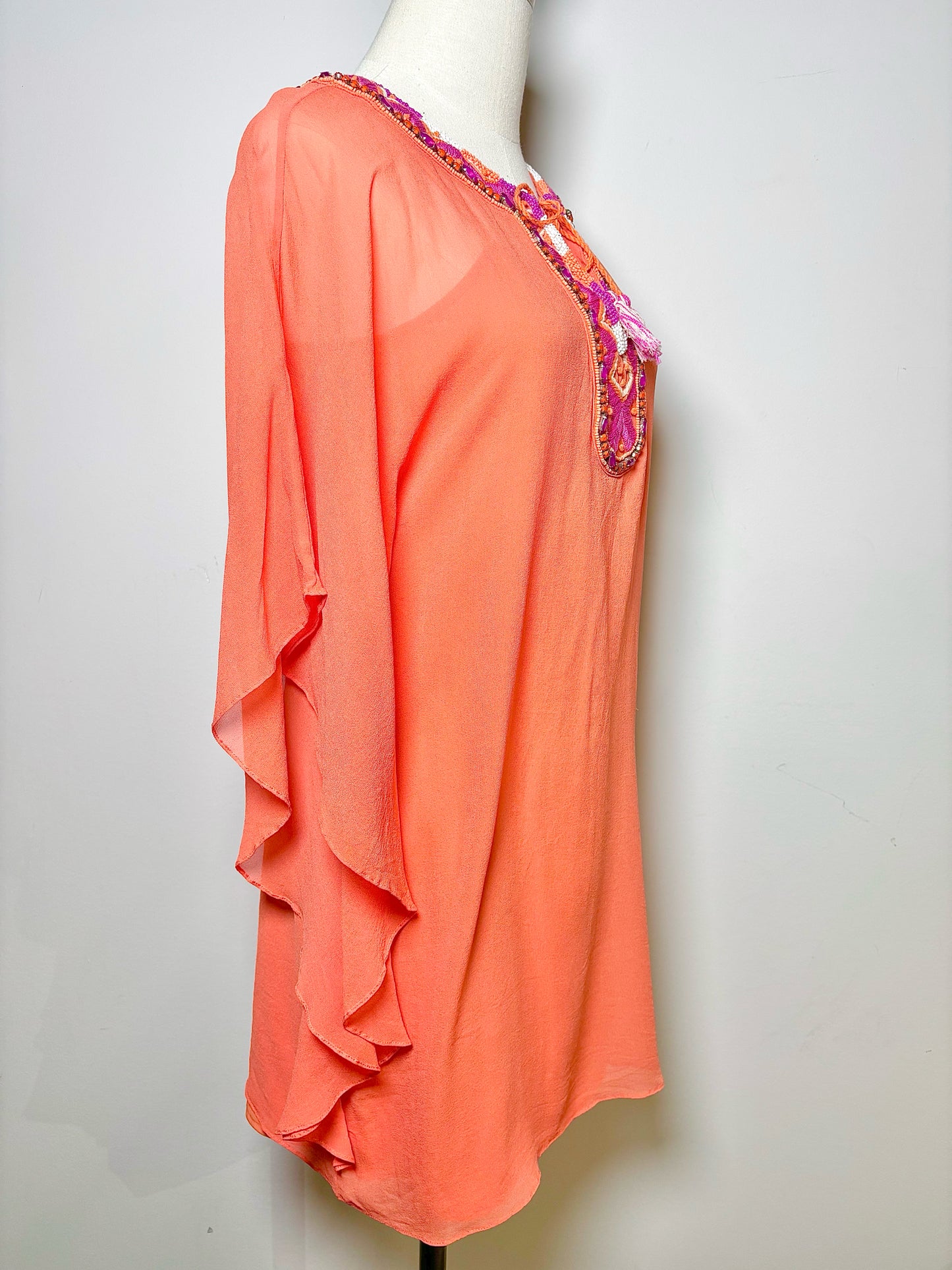 Women Size 2 Trina Turk Salmon Solid Silk Butterfly Sleeves Dress
