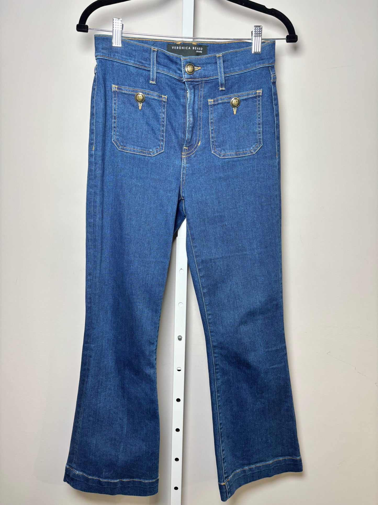 Women Size 27 (4, US) Veronica Beard Blue Solid Denim Gold Buttons Jeans
