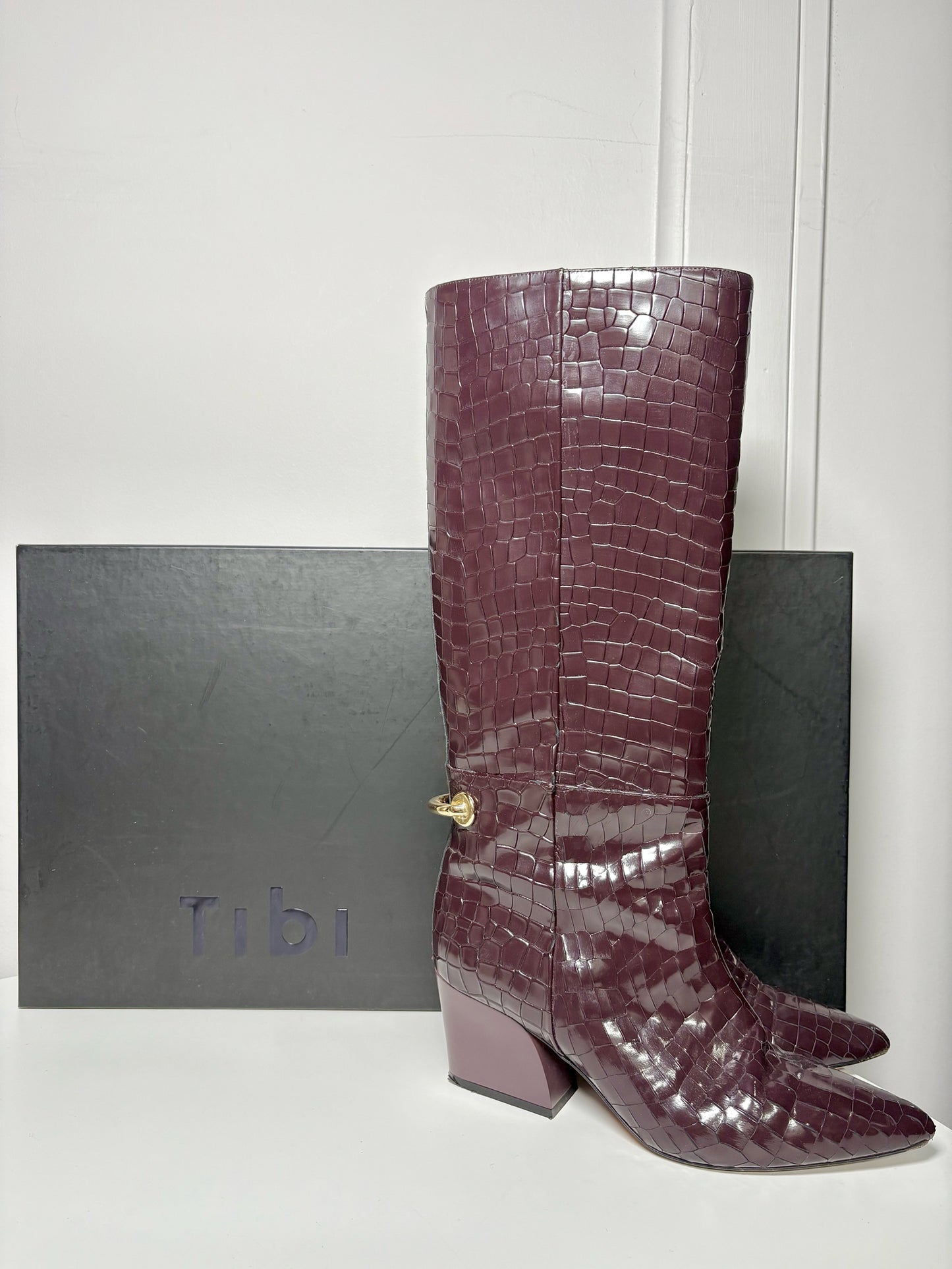 Tall Boots TIBI Croc Embosssed Burgundy Sz 10.5 Gold-tone Hardware