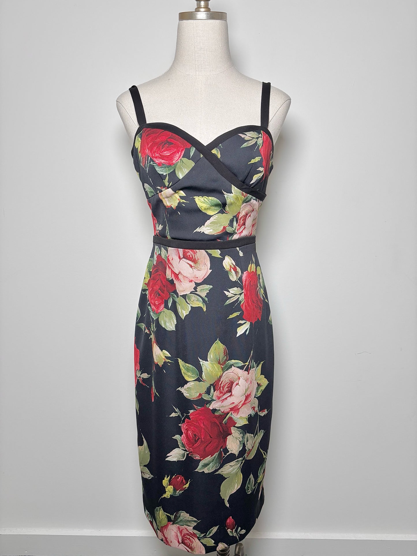 Women Size 4 Black Halo Black Floral Print Sheath Midi Dress