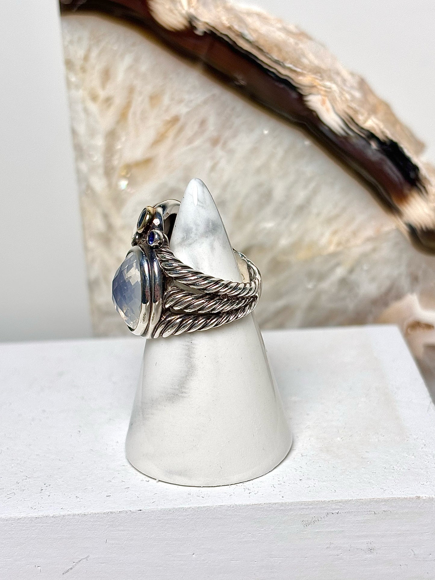 David Yurman White Agate, Moonstone, Quartz Sterling Silver 6 Ring