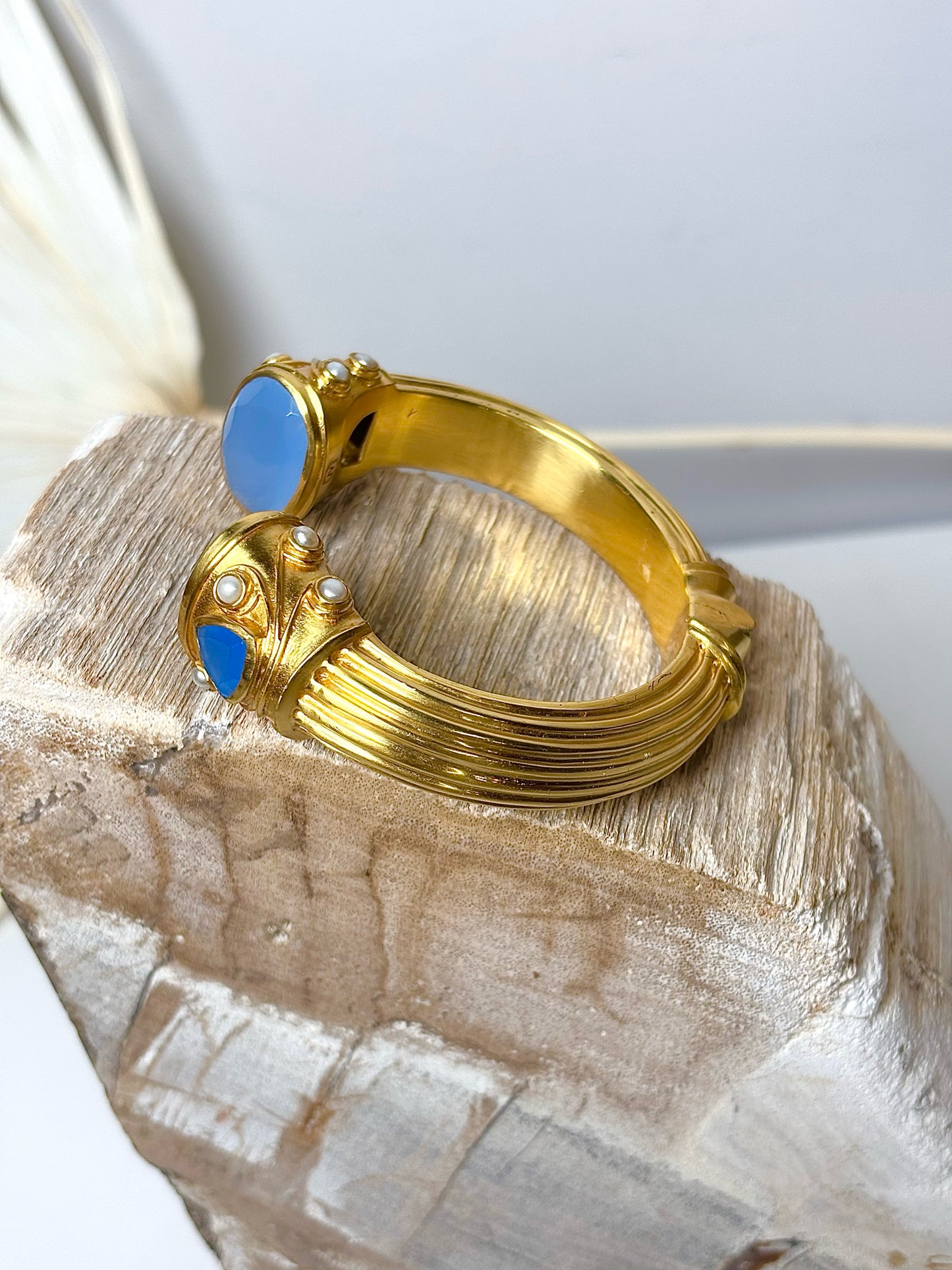 Gold Julie Vos 24K plated Cuff Blue Stone, Pearl Bracelet
