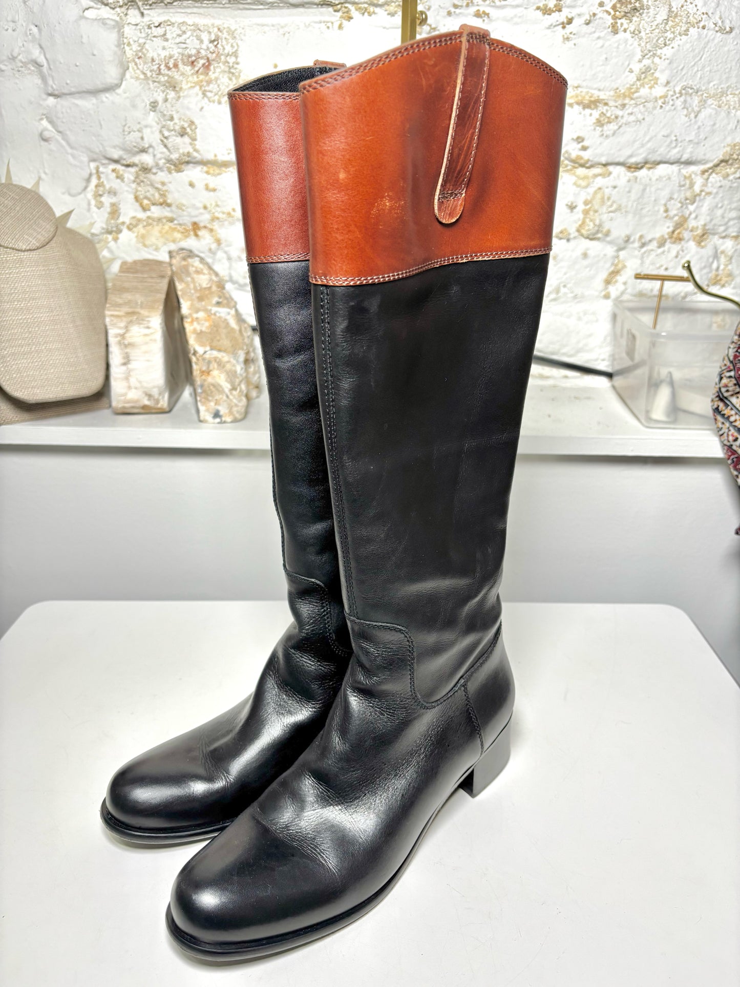 W Shoe Size 37 (6.5) Miu Miu Black, w/Brown Trim Leather Cowhide Boots
