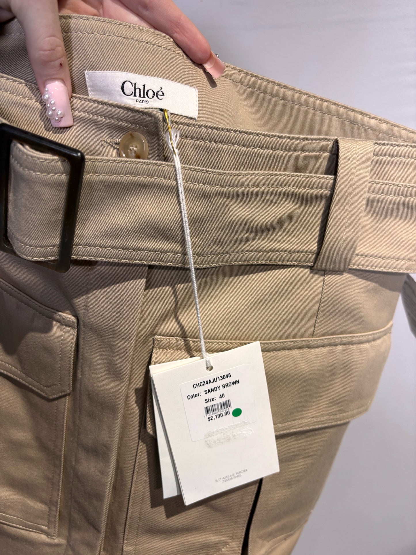 Women Size 40 (8/M) Chloe Khaki Cotton Utility Belted Skirt