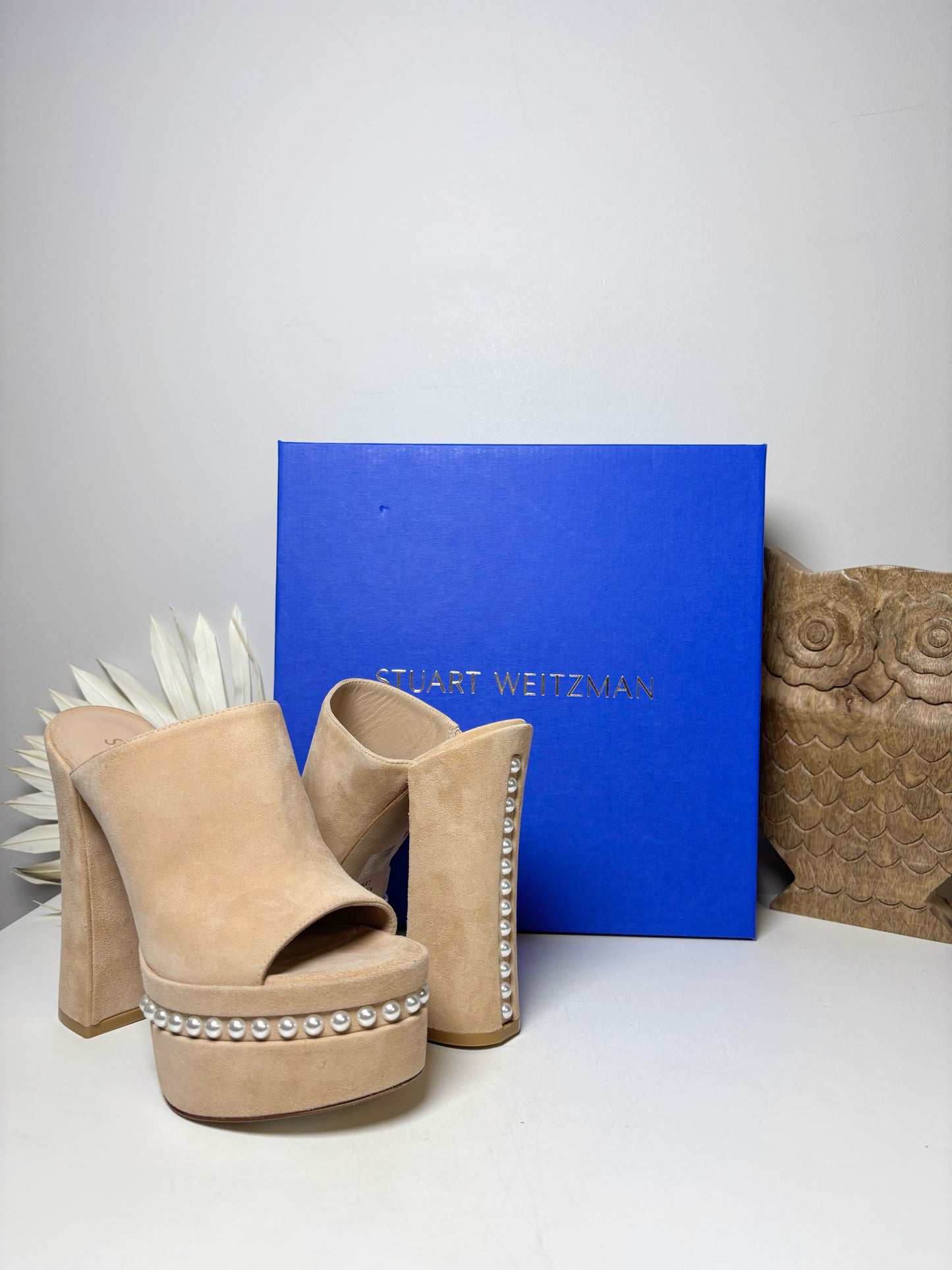 W Shoe Size 7 Stuart Weitzman Tan Leather Suede Pearl Platform Slides