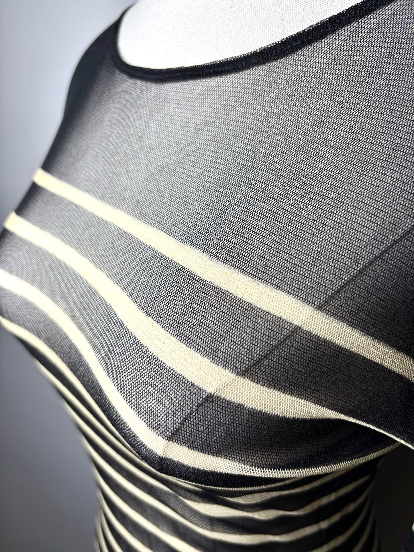 Women Size M Fuzzi Jean Paul Gaultier Black, Beige Striped Vintage 1990s Mesh Top