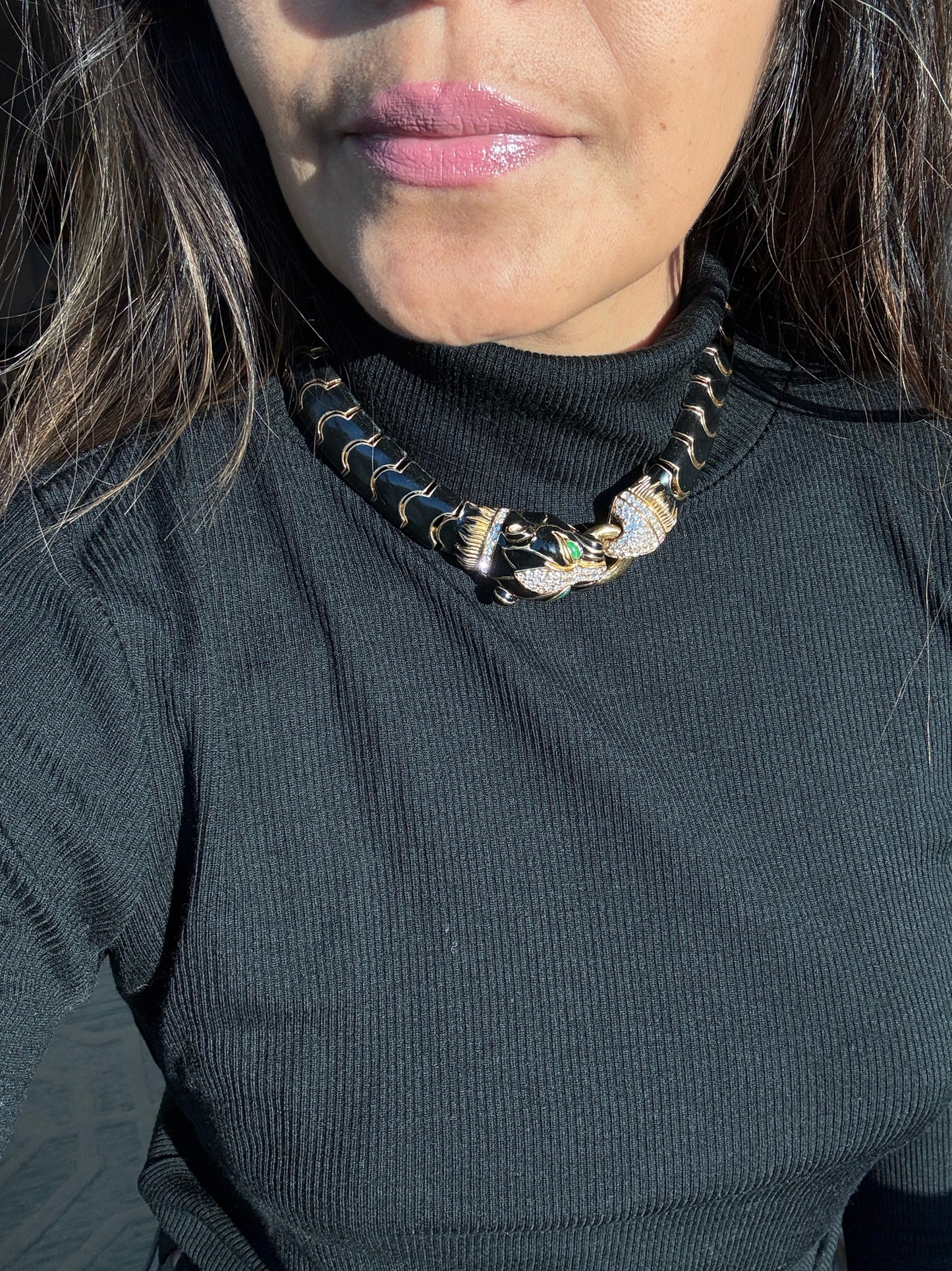 Ciner 18K Gold, Swarovski Crystals Vintage Enamel Panther Choker Necklace