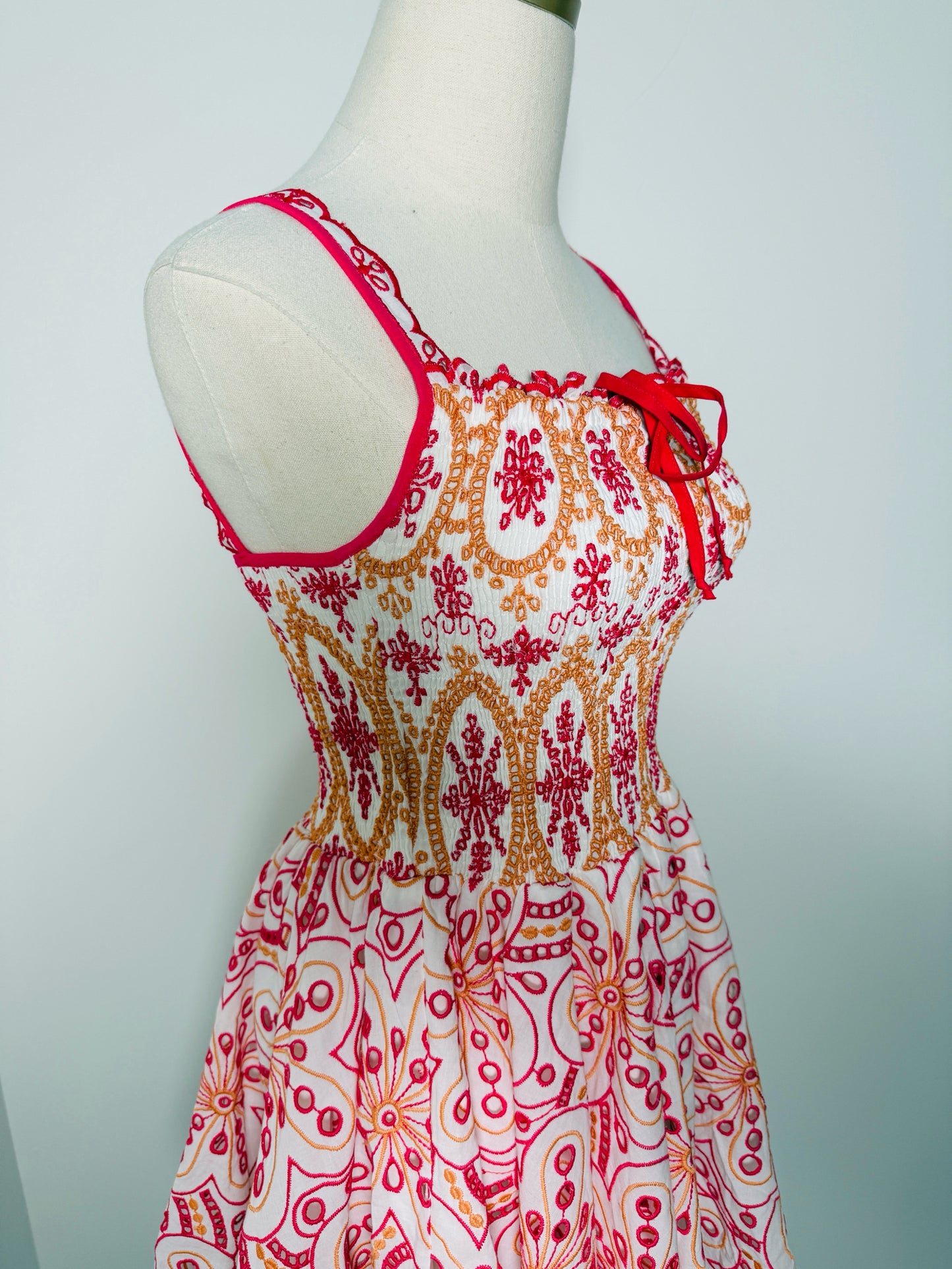 Women Size L Charo Ruiz Ibiza Pink, orange, white Eyelet Cotton Mini Dress