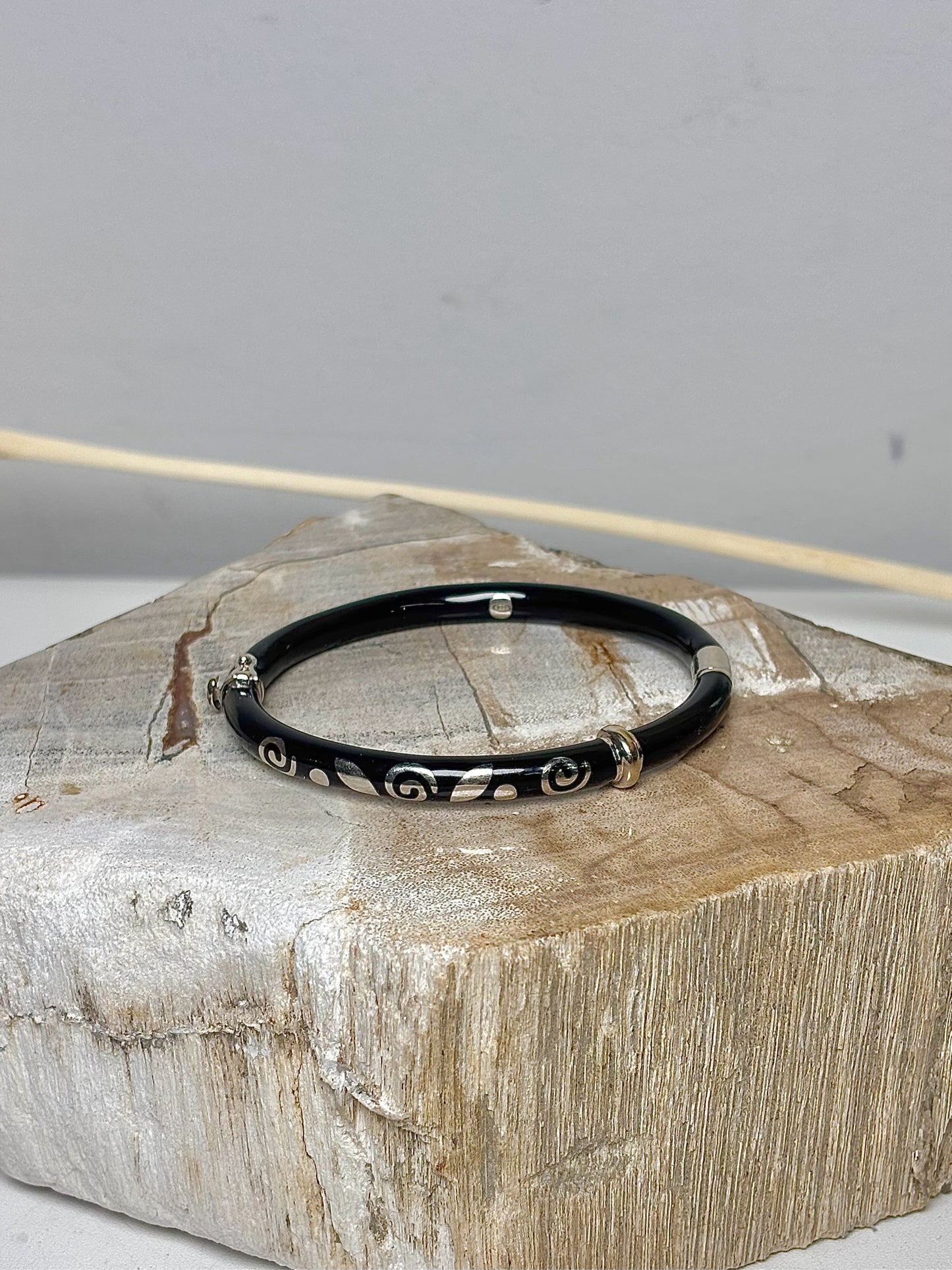 Black Enamel 18K Gold Sterling Silver Swirl Hinge Bangle