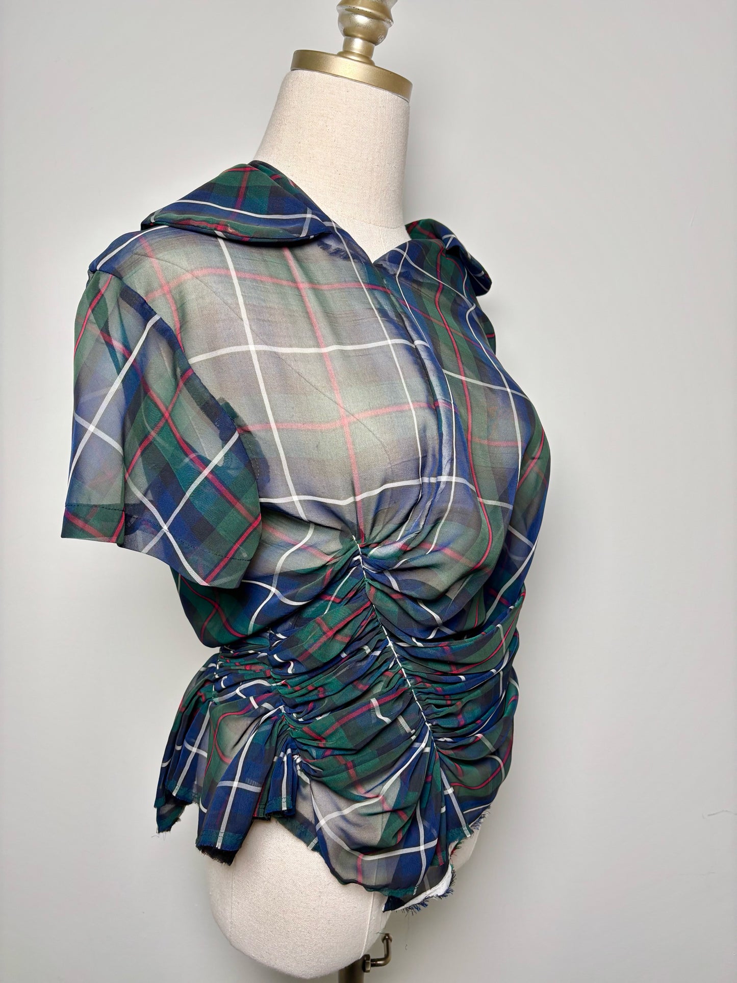 Women Size M Comme des Garcon Green, Blue, Red, White Plaid Polyester Shirt
