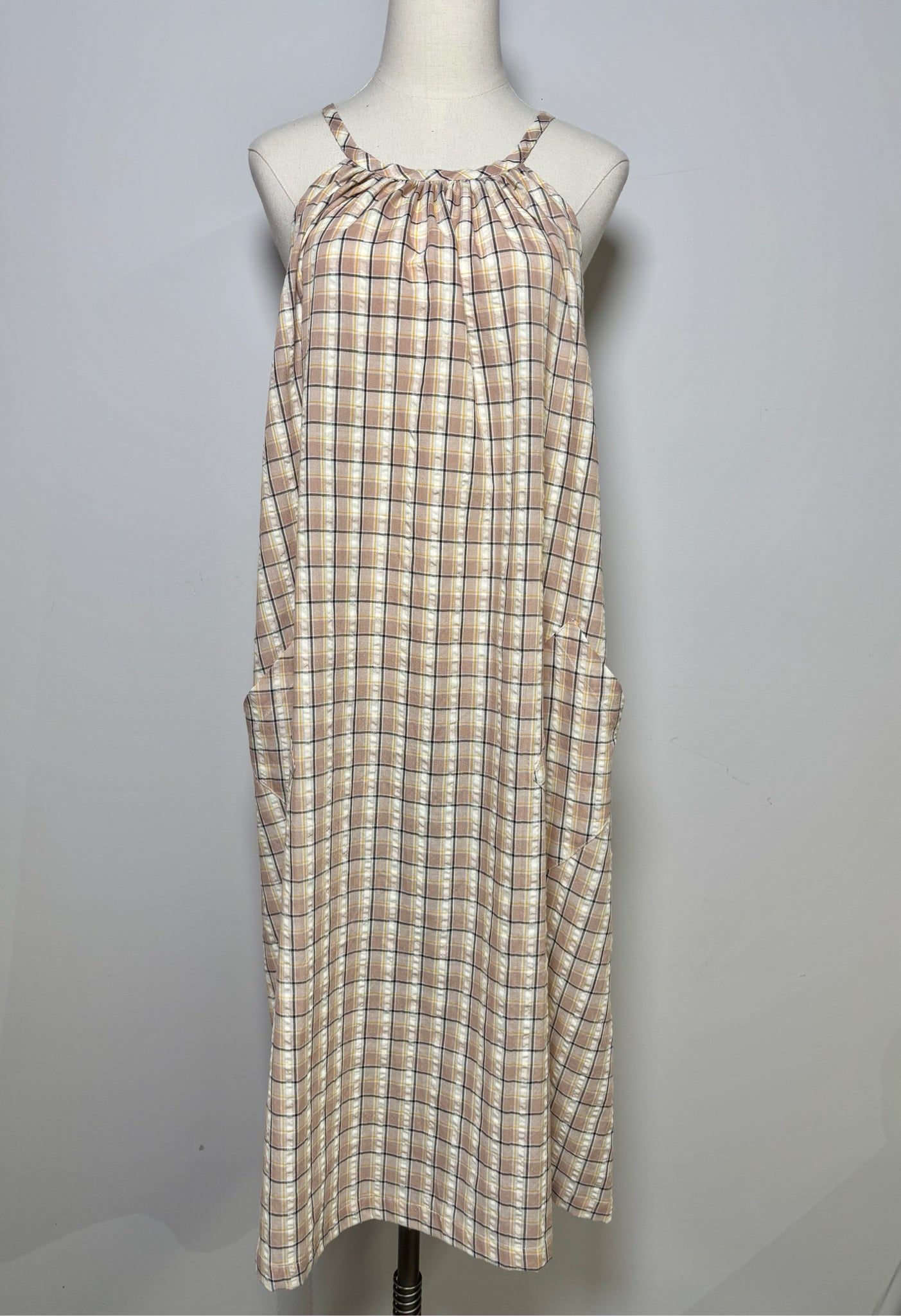 Women Size XS Sundays Taupe, Cream, Black, Yellow Checkered NWT Dress