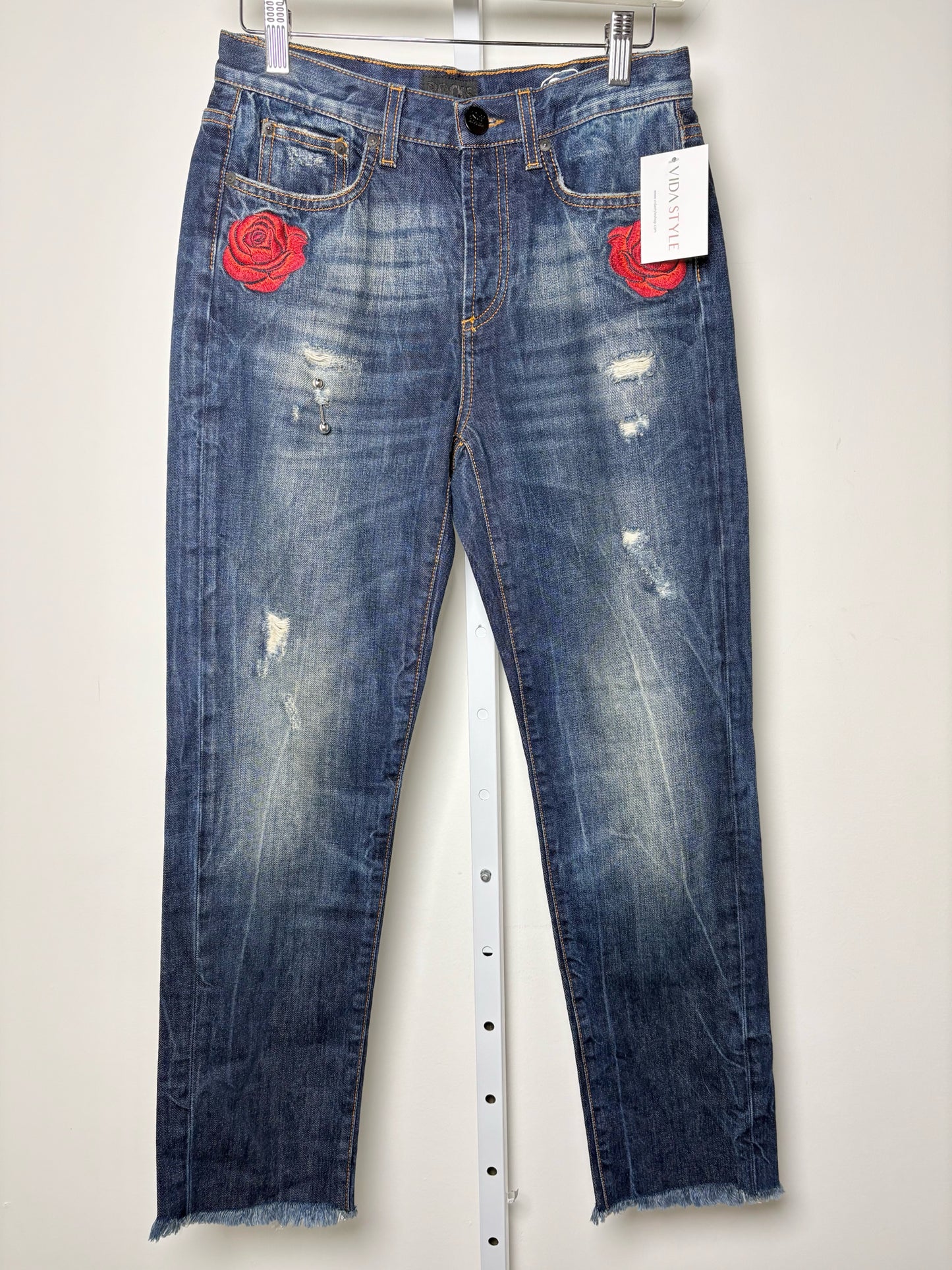 Women Size 26 (Sz 2) ROCKS Roy Roger's Blue Solid w/Embroidery Denim Jeans