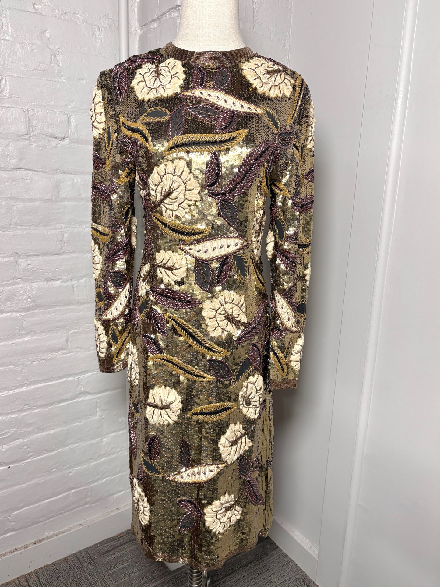 Women Size XS I. Magnin Gold Multi-Beads Vintage Dress