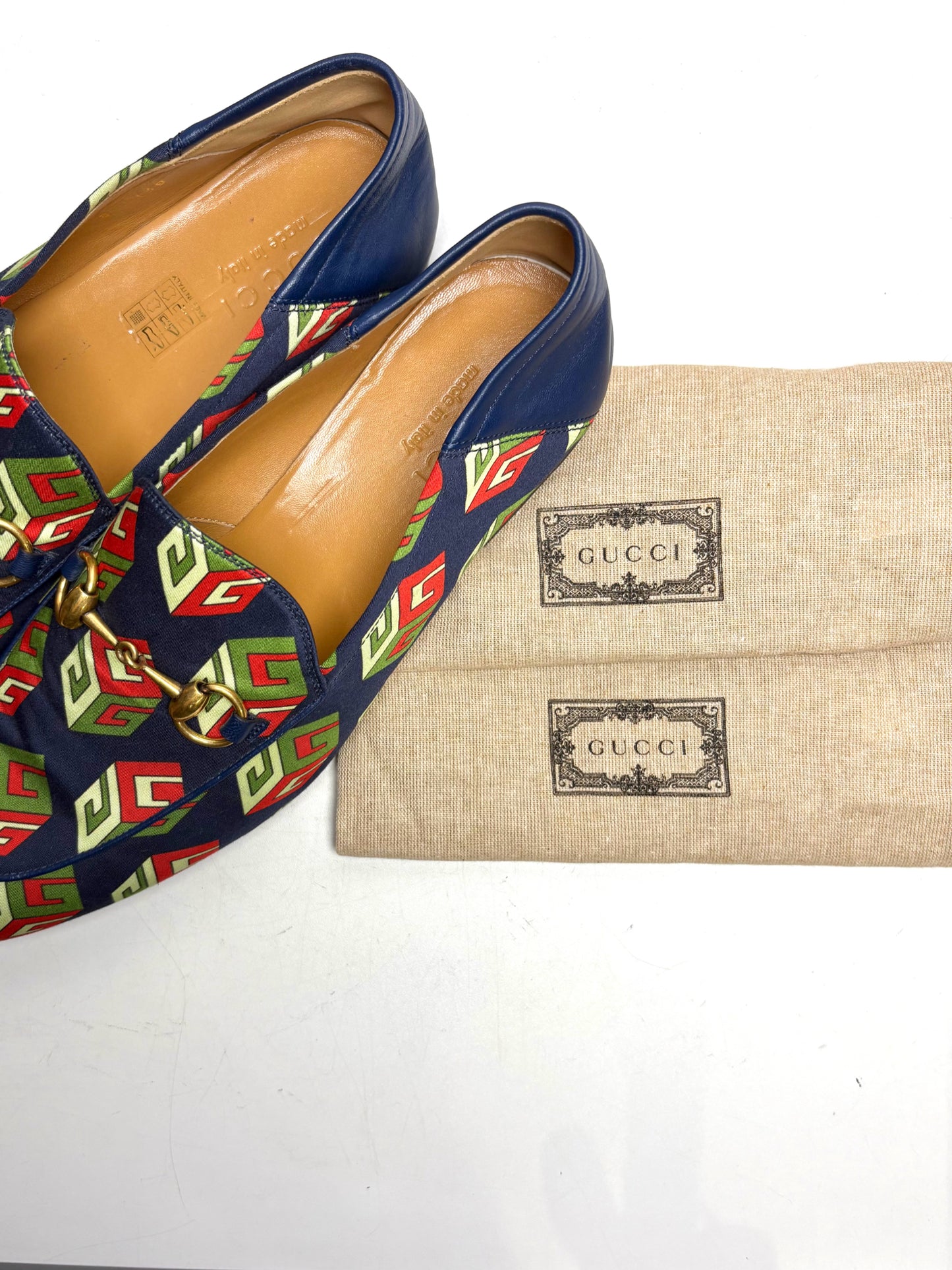 Gucci Brixton GG Blue Satin Print Shoe Sz 8 Men's Loafers NWT Pre-owned