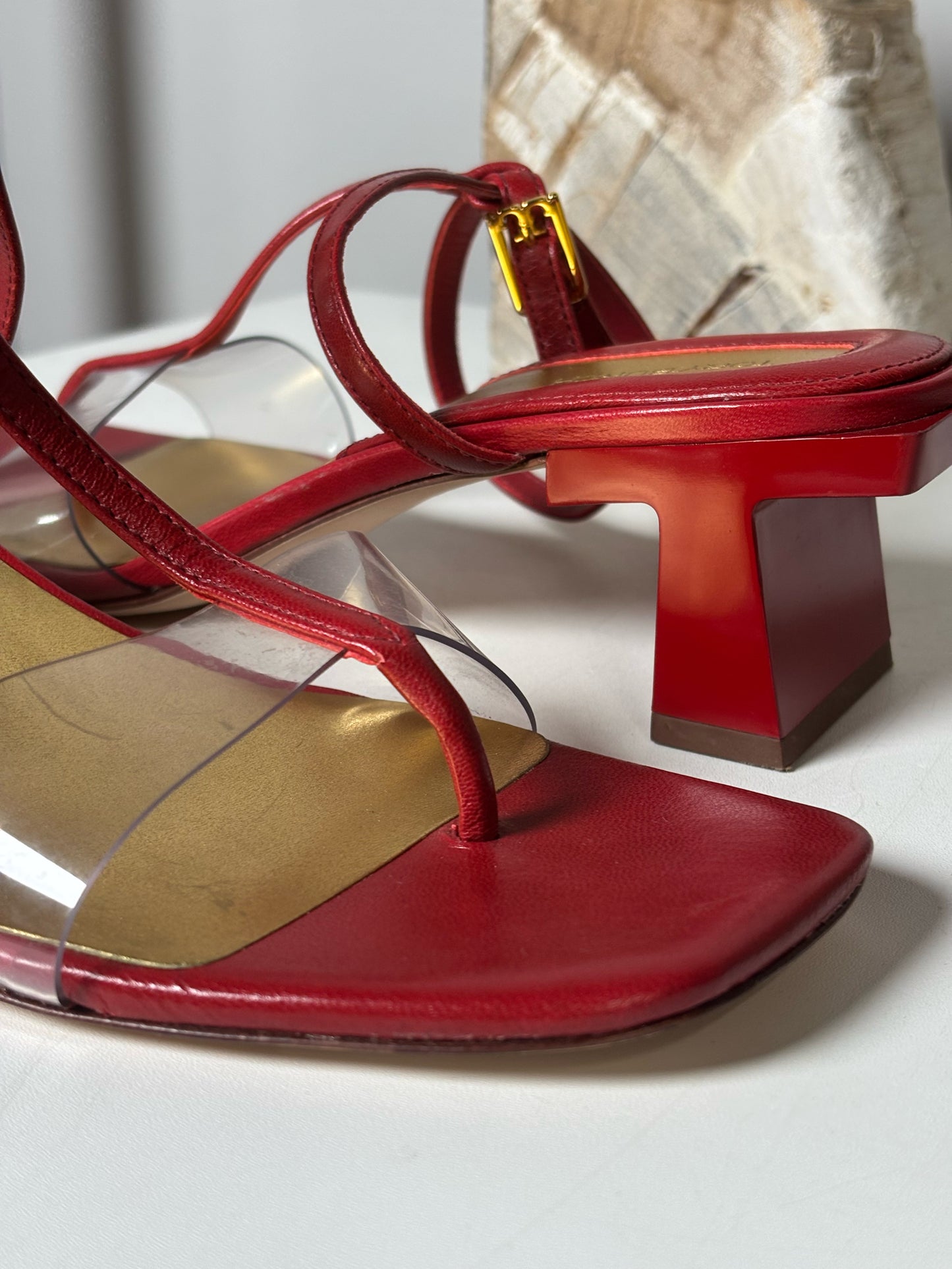 W Shoe Size 9 Tory Burch Red Leather, PVC Cowhide T-Heels Sandals