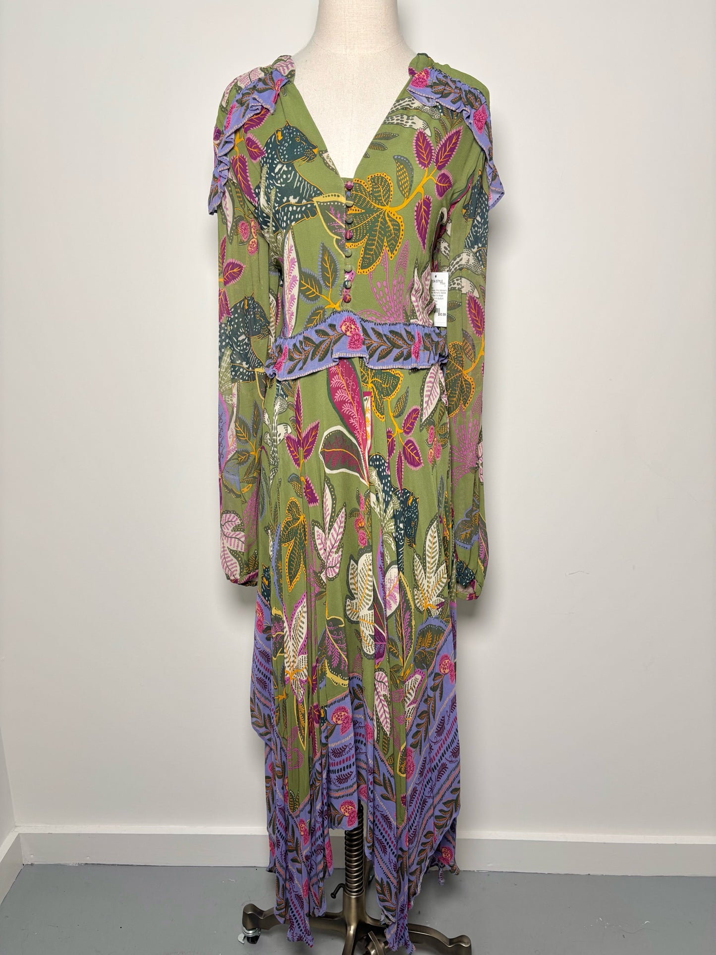 Women Size L Farm Rio Moss Green Print Viscose Dress