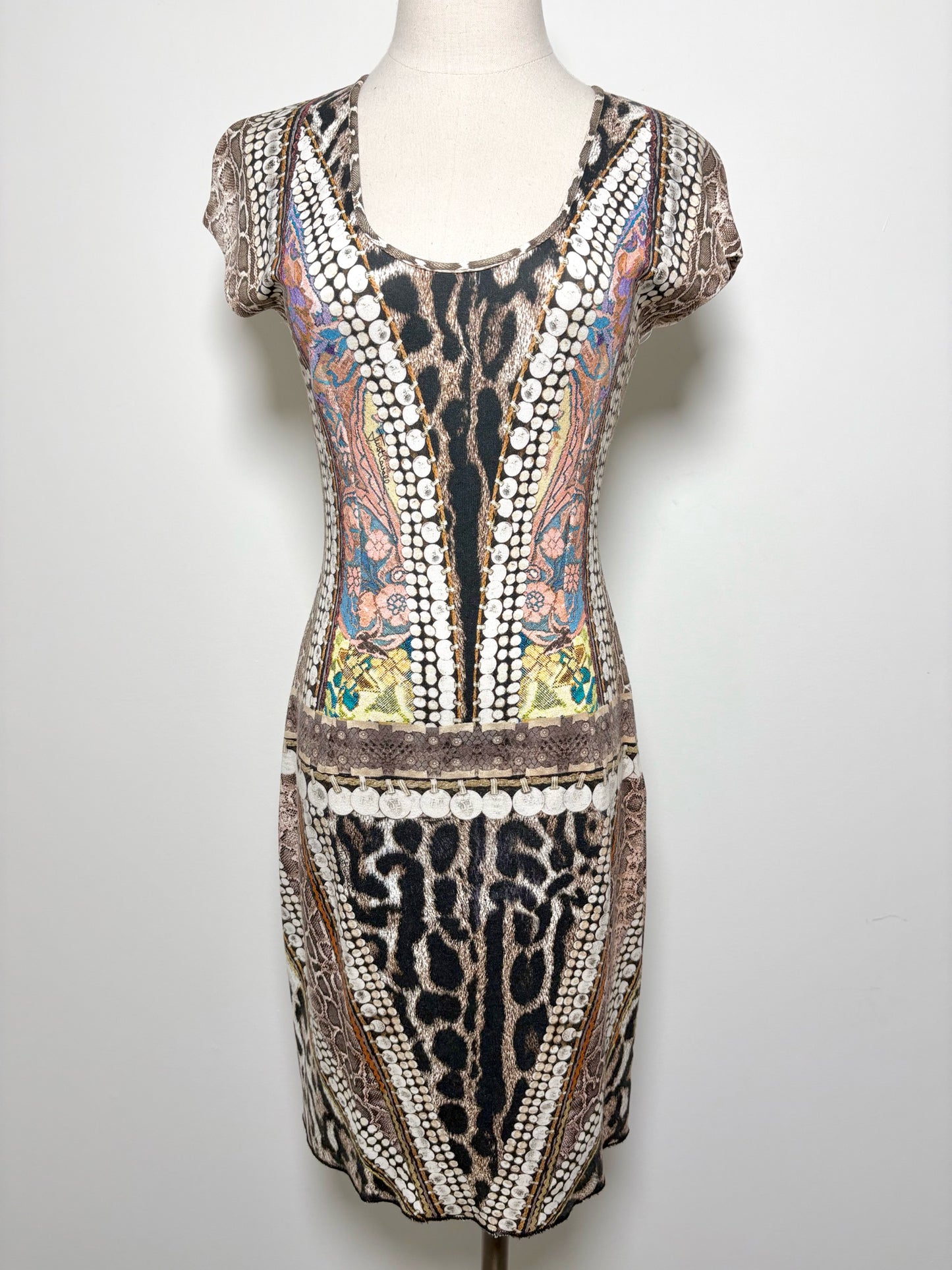 Women Size S Just Cavalli Brown Animal Print Cotton Scoop Neck Mini Dress