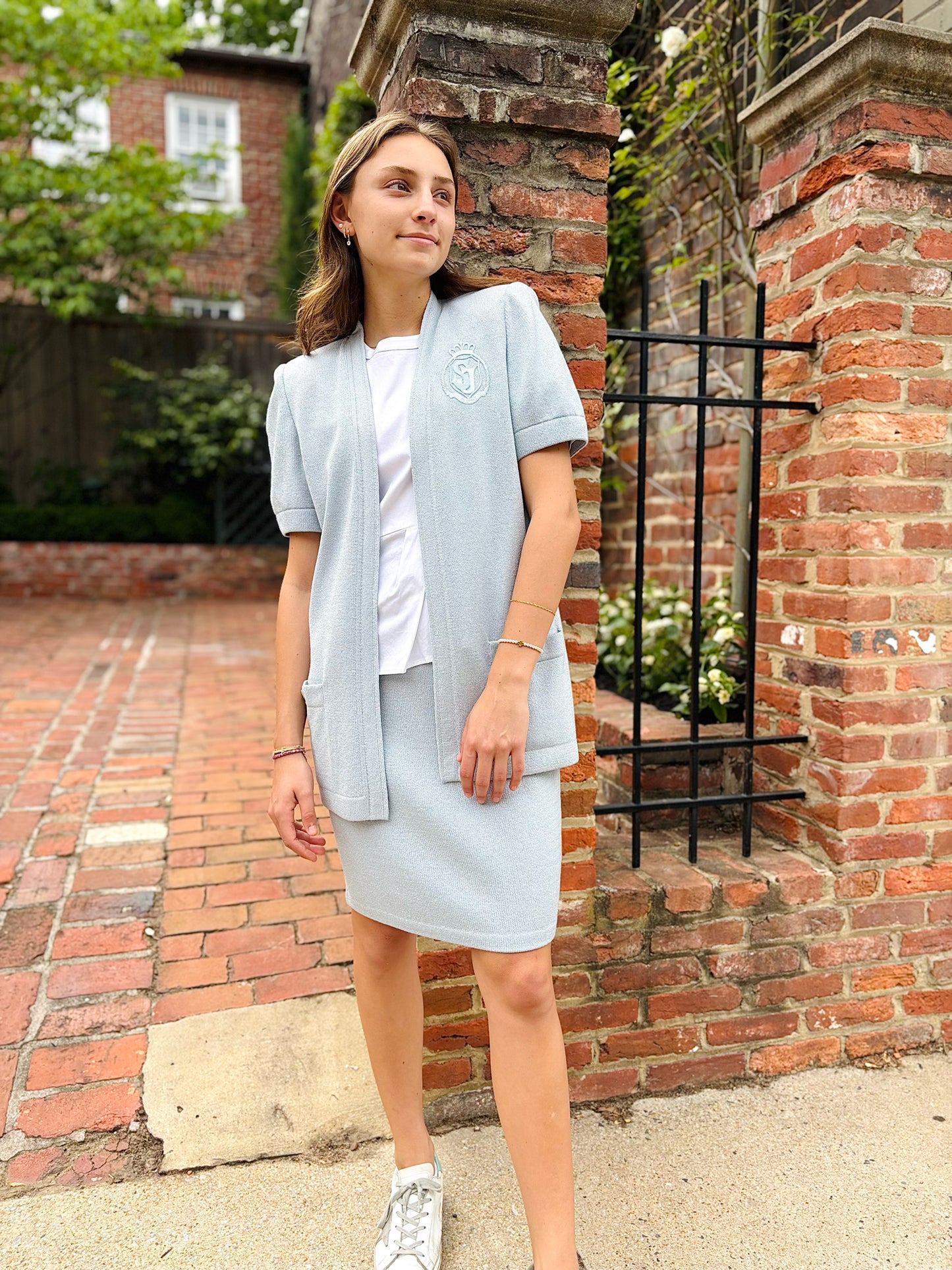 Women Size 2 St. John Blue Solid Skirt-Top Set