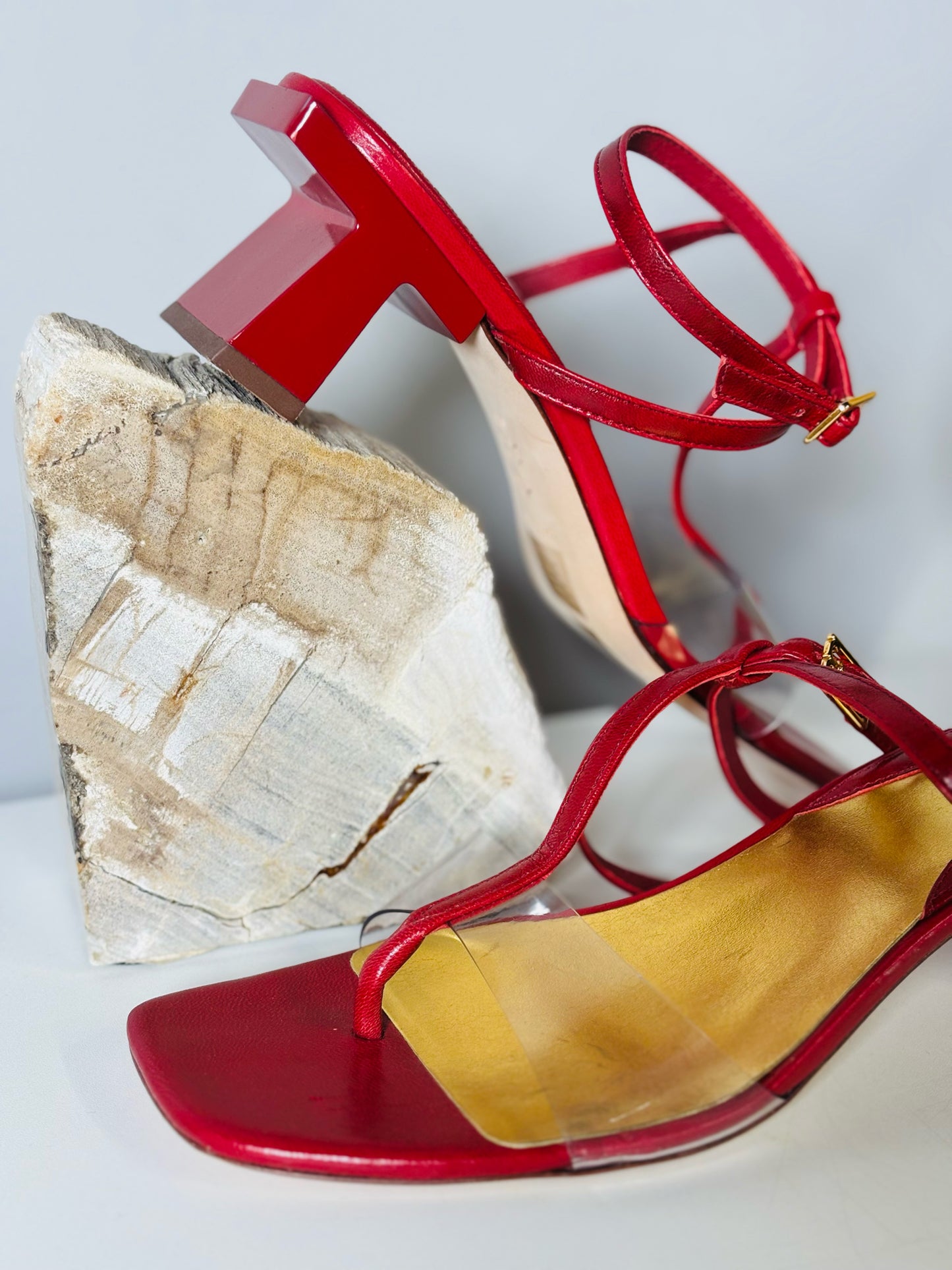 W Shoe Size 9 Tory Burch Red Leather, PVC Cowhide T-Heels Sandals
