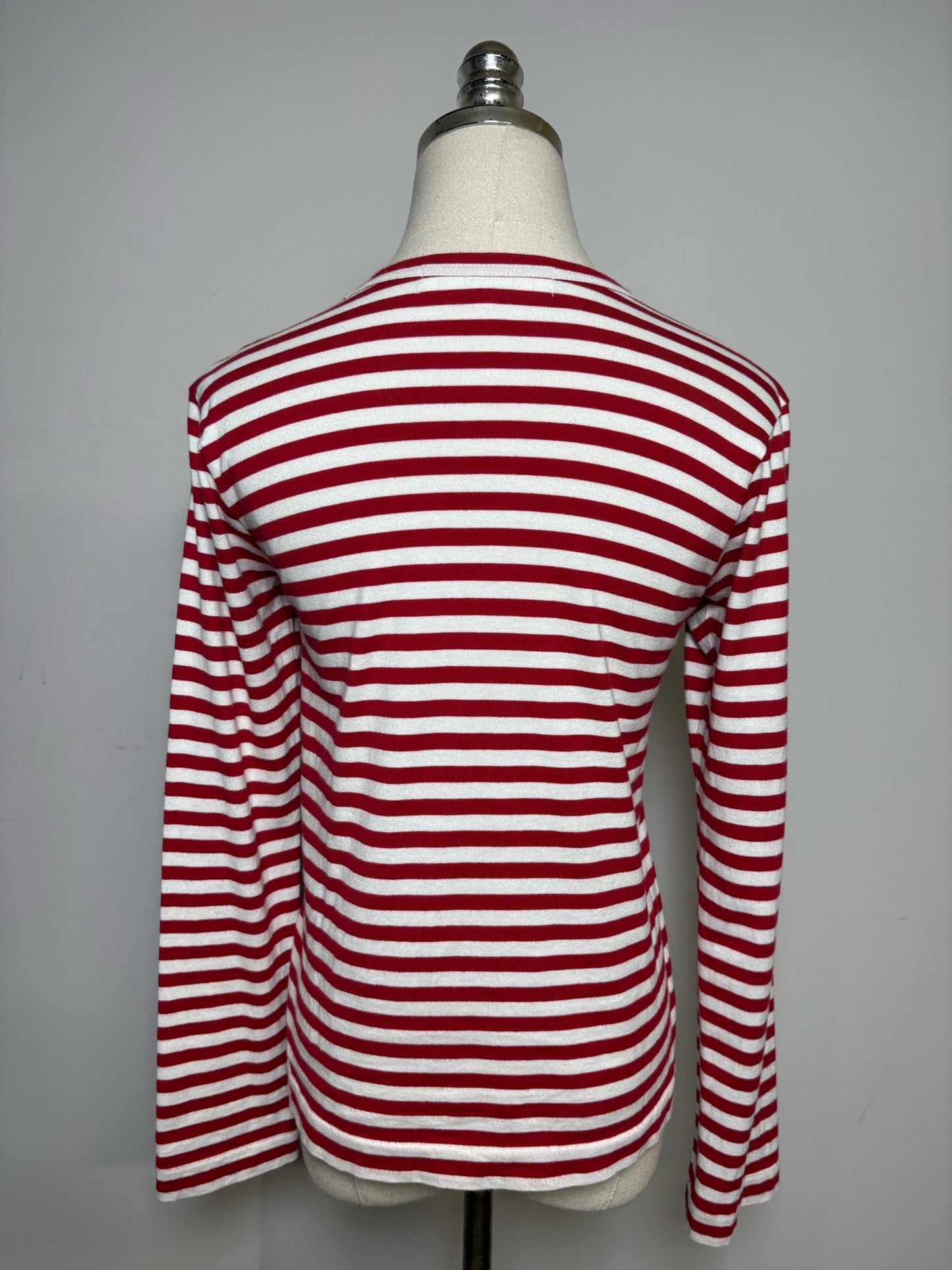 Women Size S Comme des Garçons Red & White Striped Pure Cotton Pre-Owned Heart Patch Shirt
