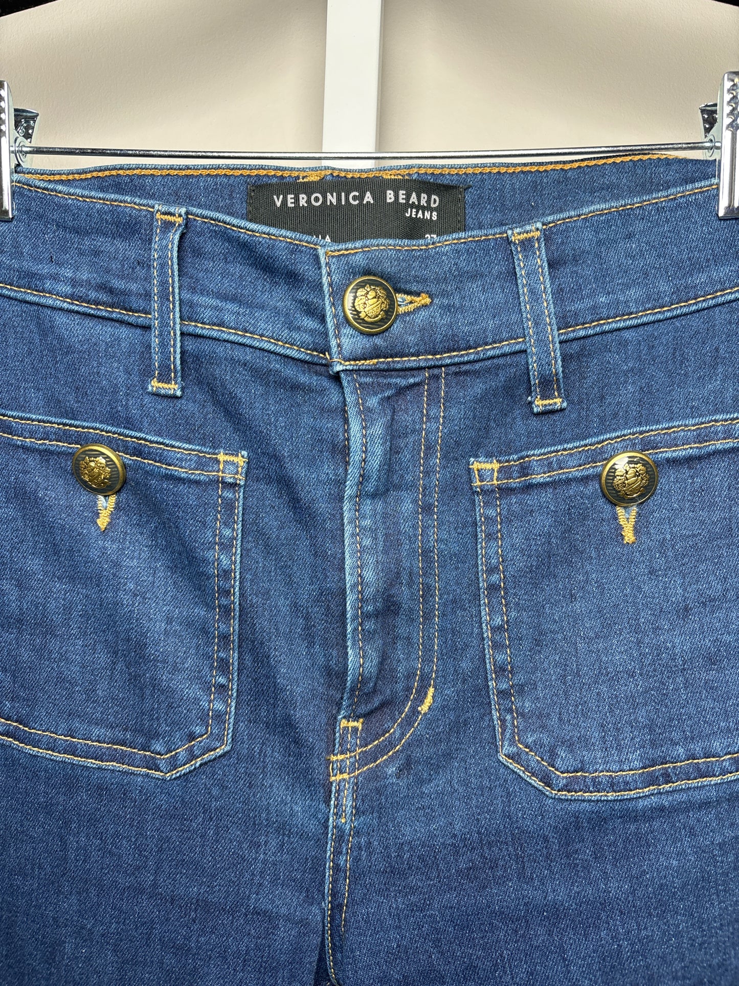 Women Size 27 (4, US) Veronica Beard Blue Solid Denim Gold Buttons Jeans