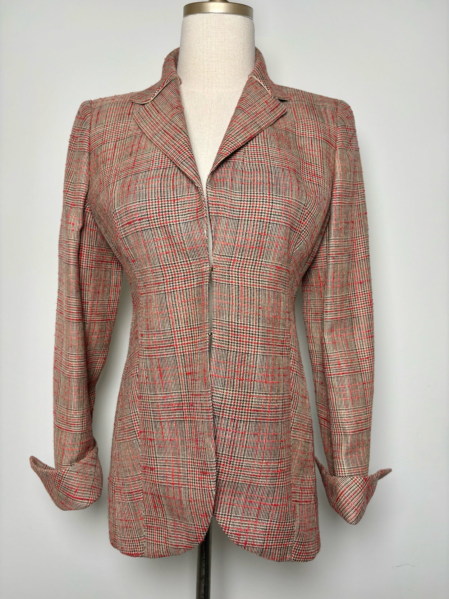 Women Size 6 Akris Khaki, Red, Black Plaid NWT Blazer