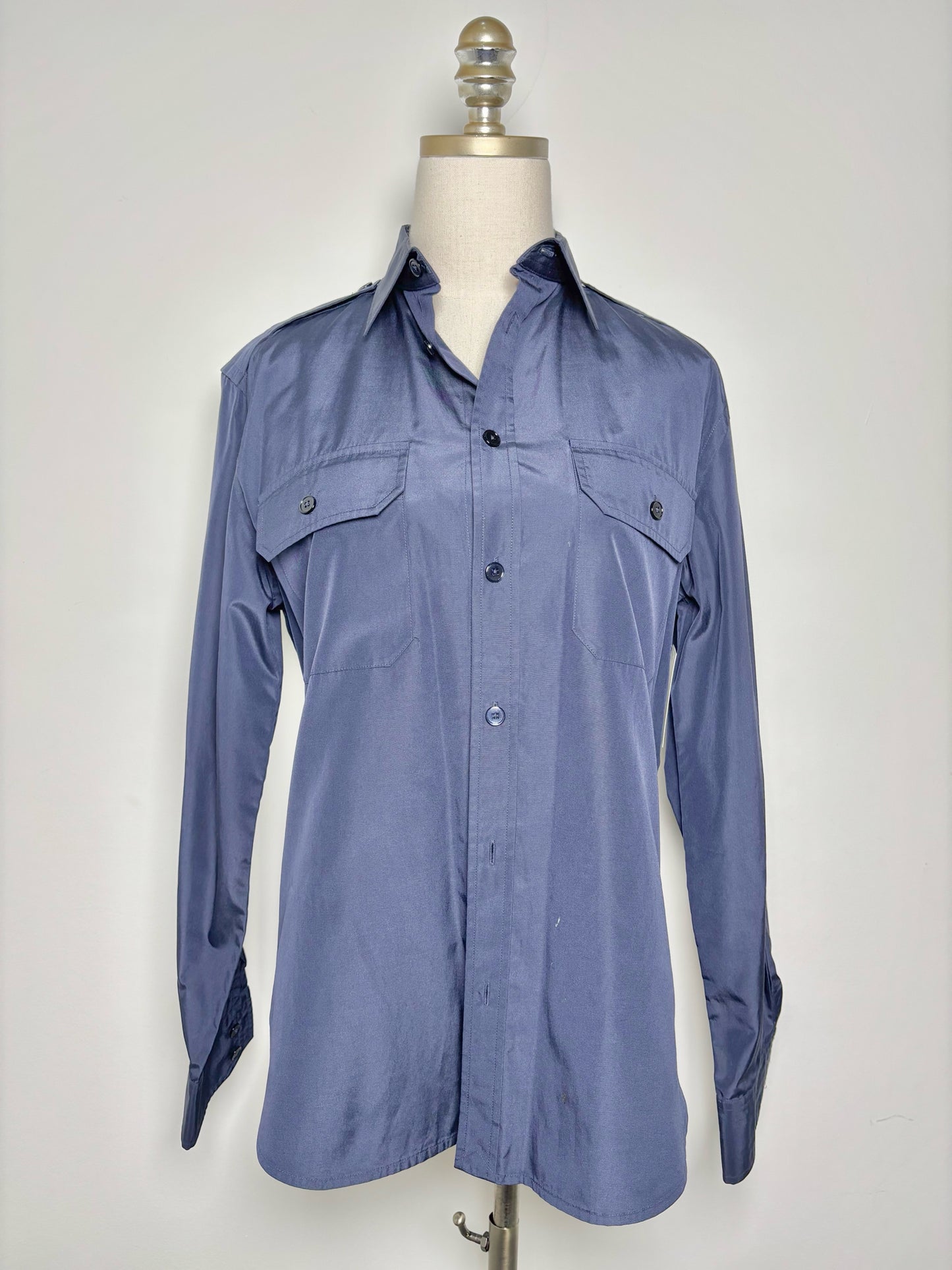 Women Size 10 Ralph Lauren Black Label Navy Blue Solid Cotton, Silk Shirt